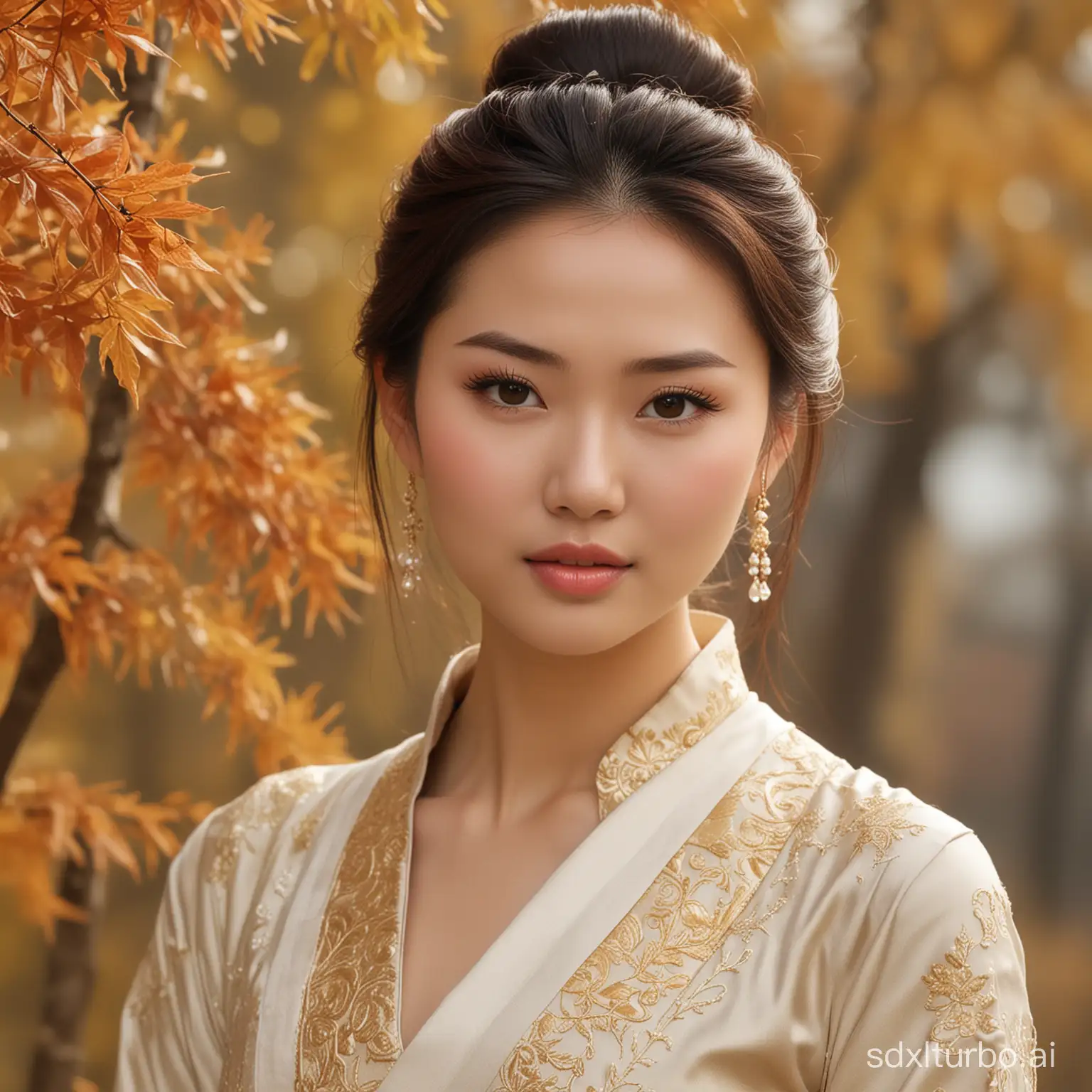 Asian women, with delicate autumn beauty, possess a harmonious blend of grace and charm. Shoulders like carved, waist as slender as a reed. Graceful neck and slender neck, fair complexion shining, with natural fragrance untouched by cosmetics. Towering cloud-like hair bun, eyebrows delicately shaped, lips rosy, teeth gleaming. Bright eyes full of charm, complemented by grace and authority, displaying exquisite beauty and elegance with tranquil demeanor. Their gentle demeanor is more charming than words. Their unique attire stands out through the ages, their figures matching the ideal.