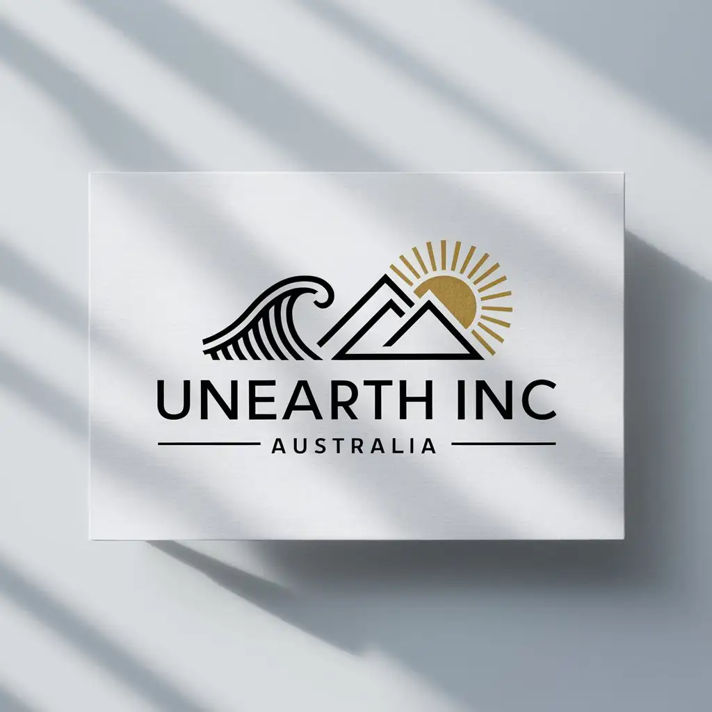 a logo design,with the text "Unearth Inc Australia", main symbol:The logo should include waves, mountain and sun or be creative with the wording. must be logo a white stationery mockup,Moderate,clear background