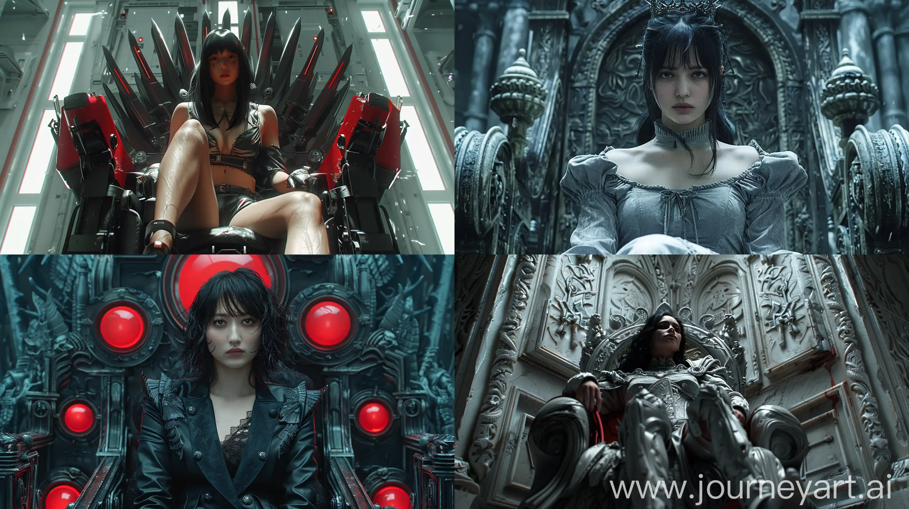 a woman sitting on a throne, in the style of dark gray and dark crimson, mechanized precision, ue5, matte photo, nobuo sekine --ar 16:9 --s 150 --c 10 --v 6.0
