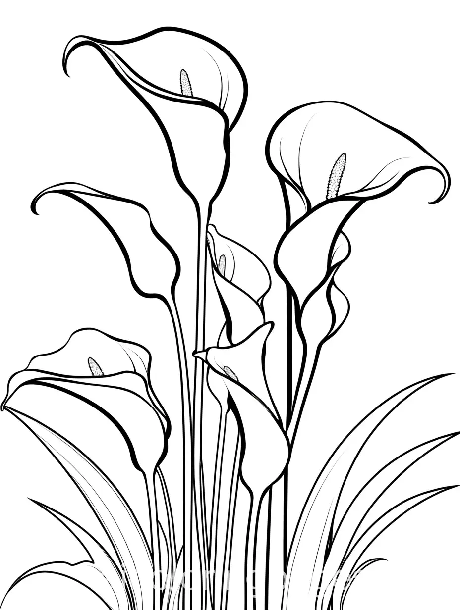 COLORING CALLA FLOWERS, Coloring Page, black and white, line art, white background, Simplicity, Ample White Space. The background of the coloring page is plain white to make it easy for young children to color within the lines. The outlines of all the subjects are easy to distinguish, making it simple for kids to color without too much difficulty