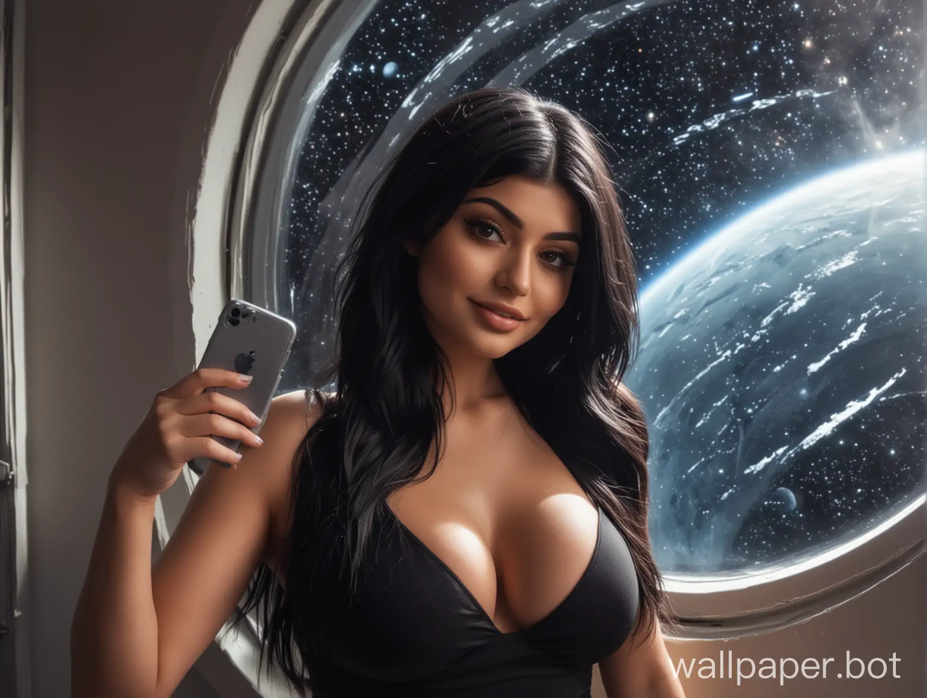 kylie jenner taking selfie of herself,  Science-Fiction, curvy female bodyshape showing cleavage, stars and planet through a window in the background, black shoulder long hair, natural black eyes, open smiling with showing teeth