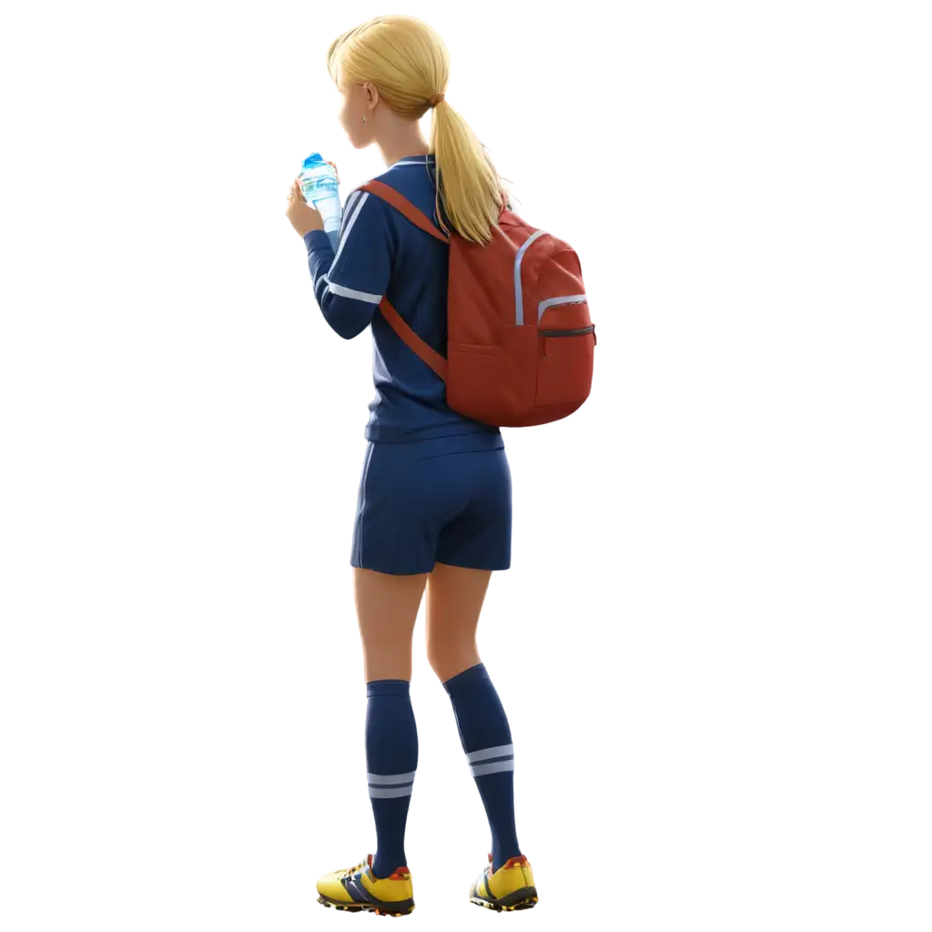 a cartoon high school blonde hair girl drinking water, wearing soccer
 clothes, back view 