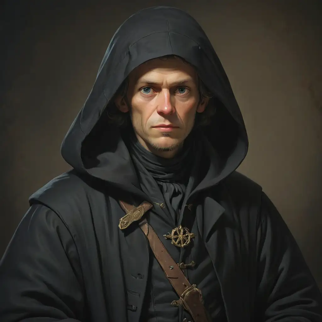 Русский математик Николай Лобачевский в одежде 18 века. На нем надет черный плащ с большим капюшоном как у странника.