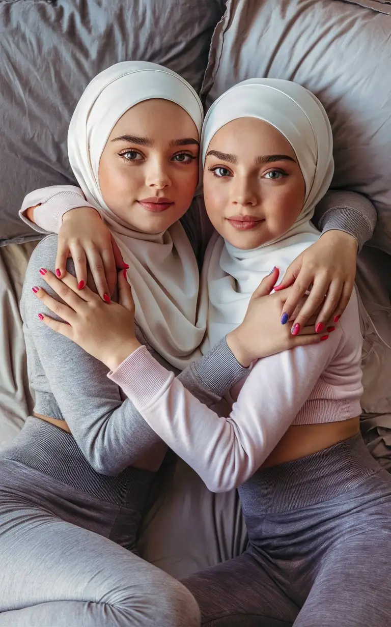 2 little porcelain skin girl.  14 years old. They wear a modern hijab, skinny yoga pants.
They are beautiful. They lie on the bed. well-groomed, turkish, quality face, plump lips.
Bird's eye view, top view, hugs. nail polish. Sharp eyes