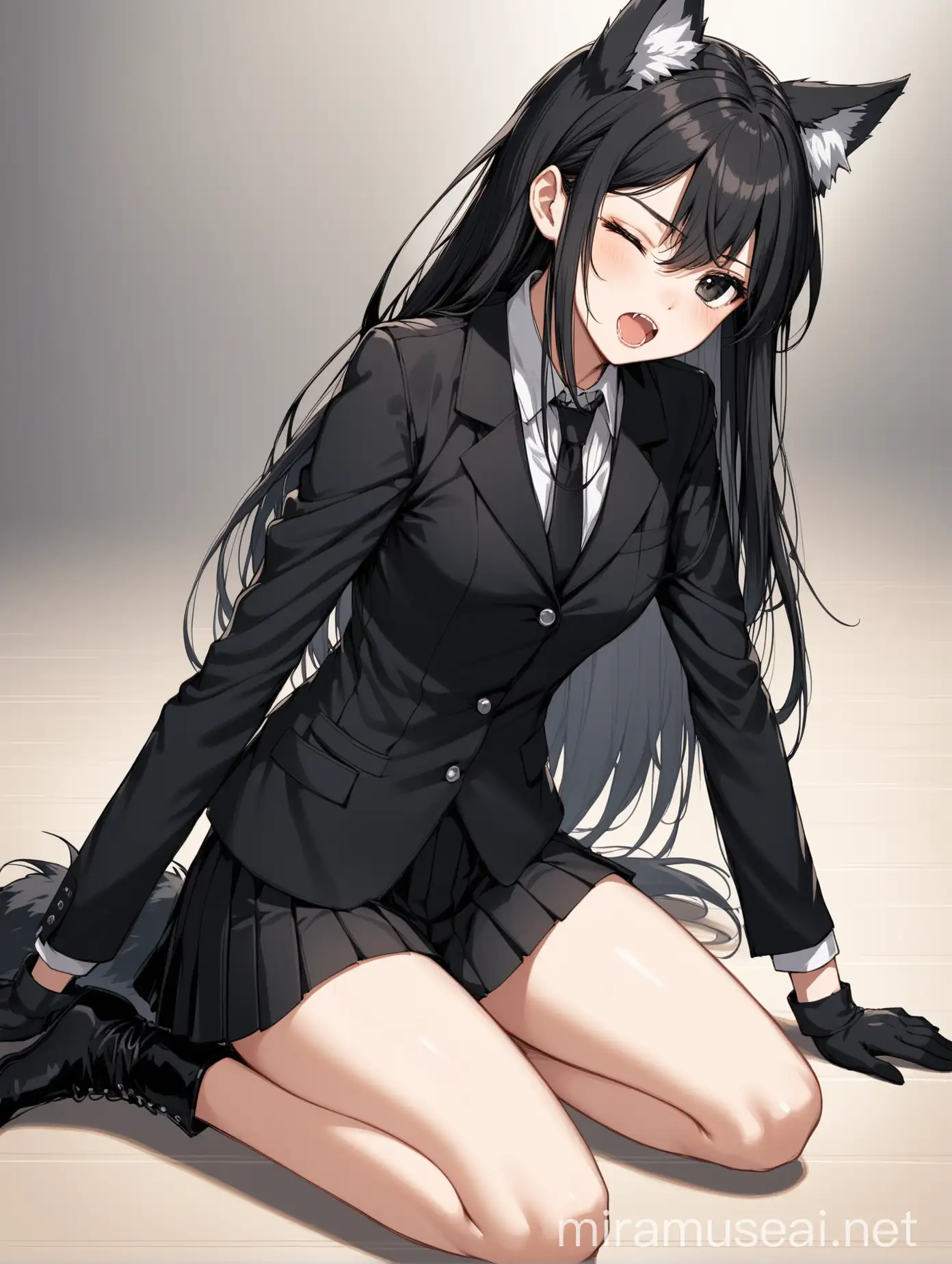 Tall Wolf Girl in Elegant Black Attire Kneeling with Expressive Gesture