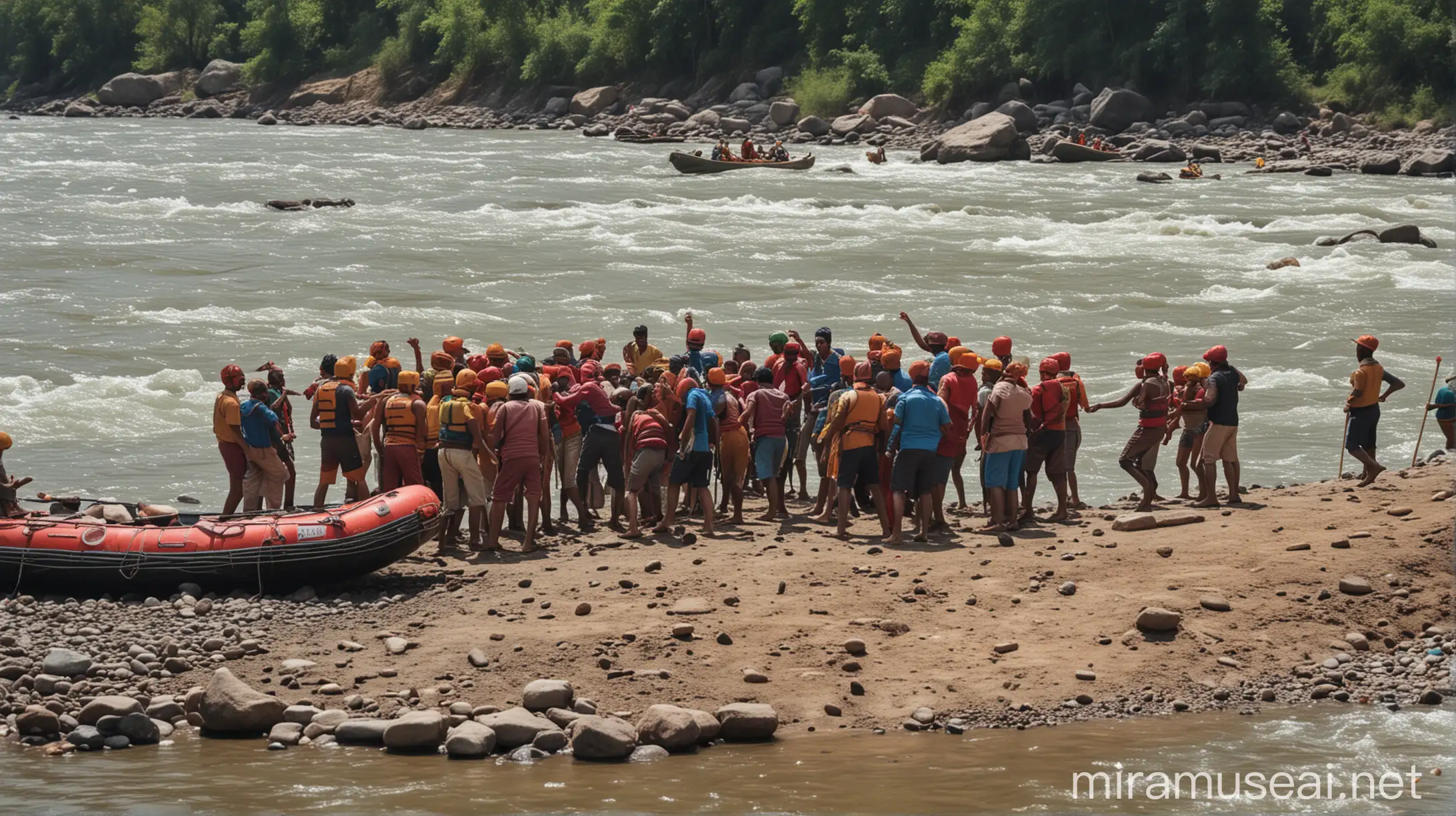 Some Indian people wear afting attire are beating each other near the rafting boat on the river bank, people are gathered near bank