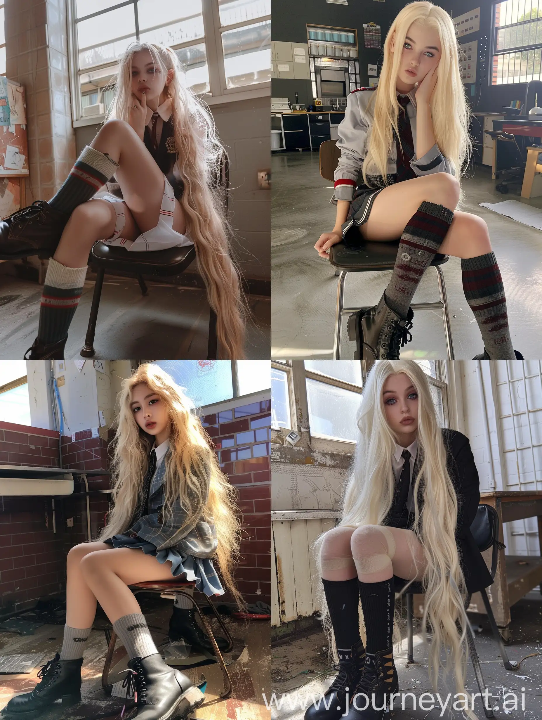 1 girl, long blond hair ,18  years  old ,influencer ,  beauty,  in  the  school  ,  school  uniform  ,  makeup   ,   sitting  on  chair ,     socks  and  boots   , no  effect ,   selfie  ,  iphone  selfie  ,    no  filters   , iphone  photo  ,  natu