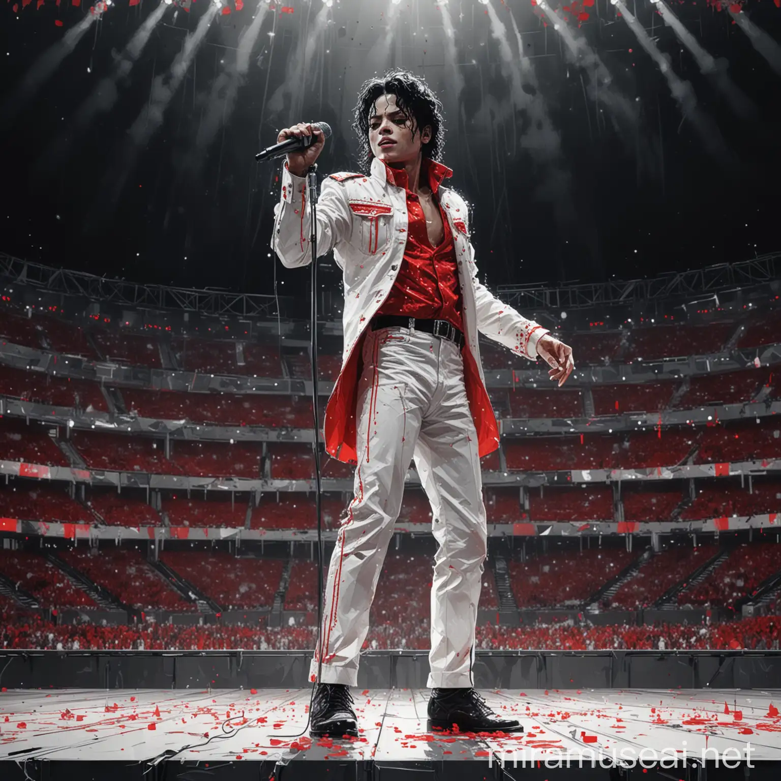 Michael Jackson Performing on Wide Stage in Monochrome with Red Highlights