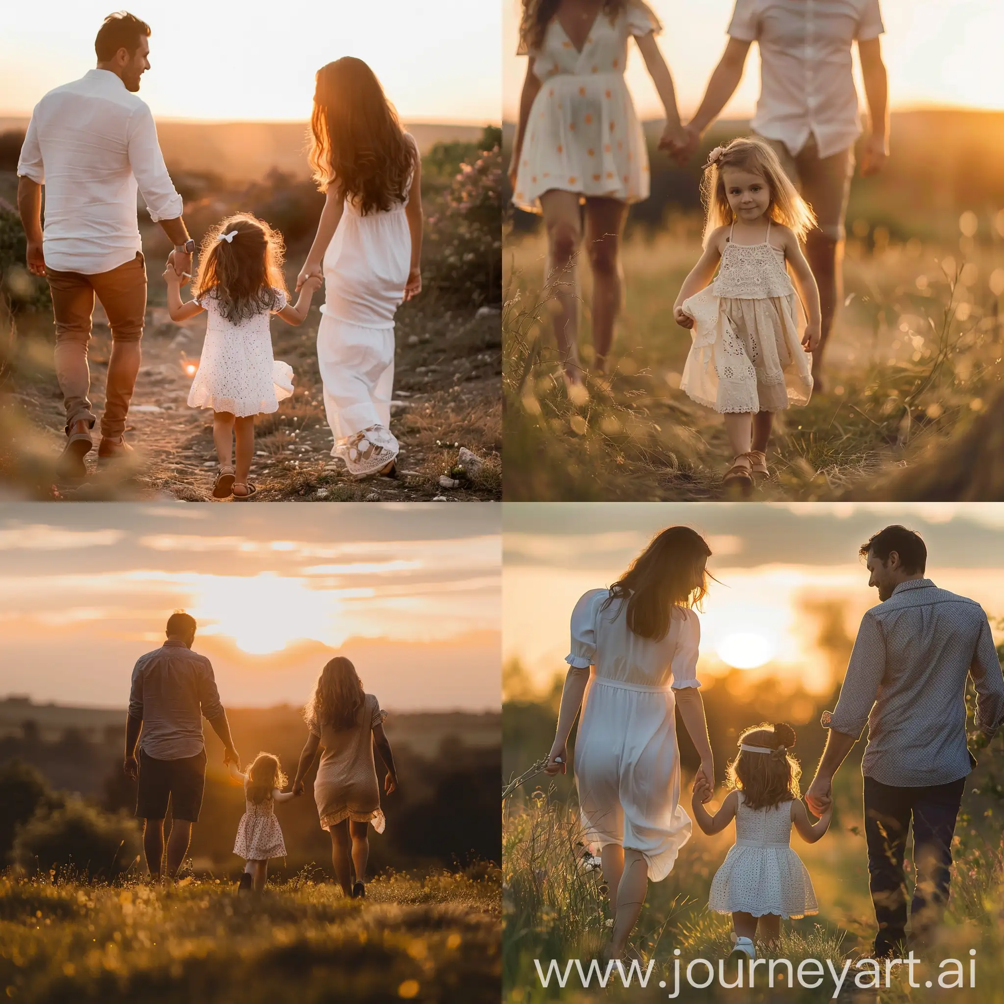 little girl with parents walking in the sunset