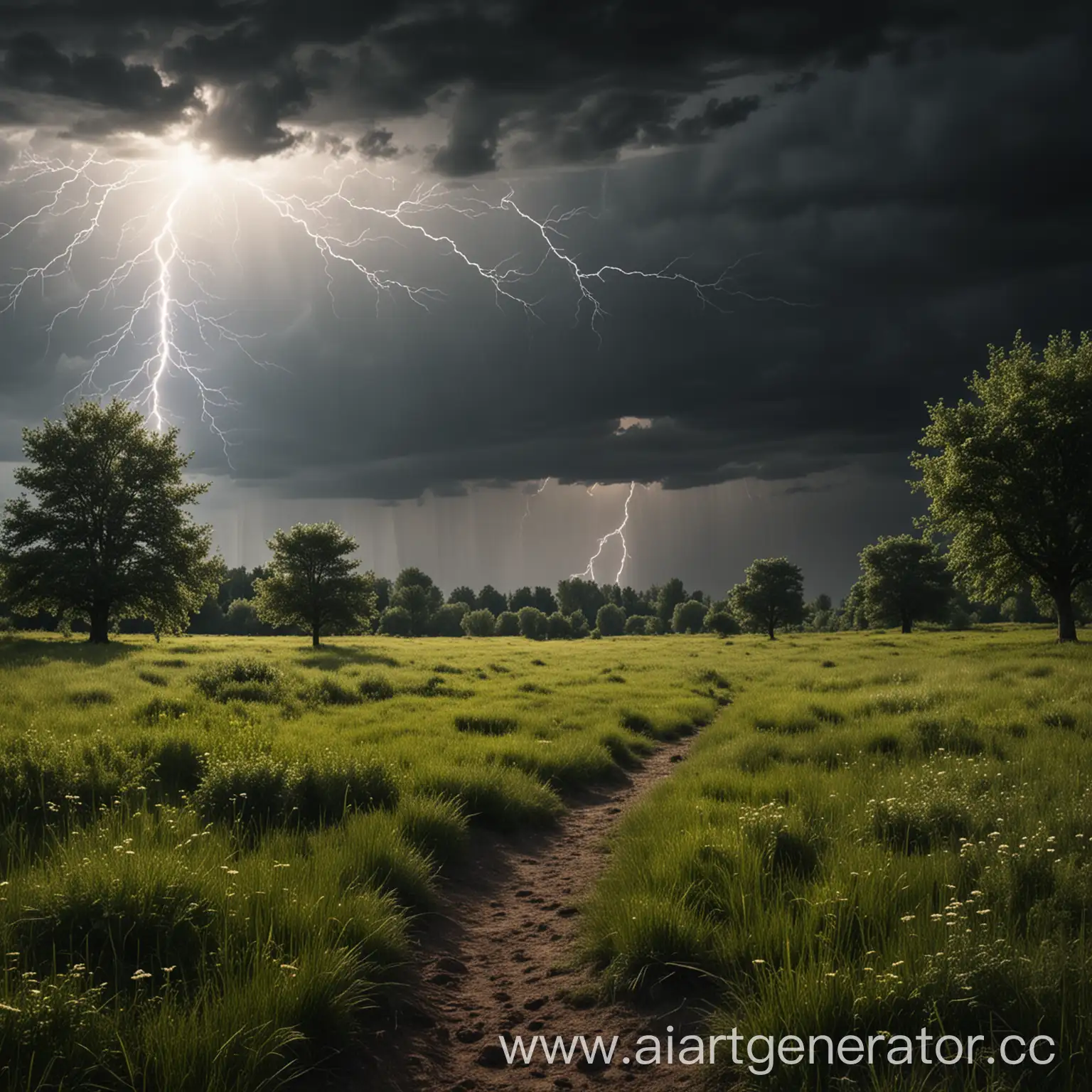 Sunny-Glade-with-Distant-Stormy-Sky-and-Lightning