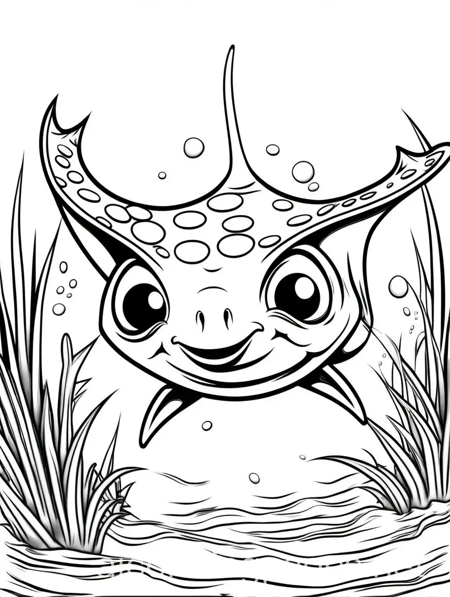 STING RAY CARTOONY, Coloring Page, black and white, line art, white background, Simplicity, Ample White Space. The background of the coloring page is plain white to make it easy for young children to color within the lines. The outlines of all the subjects are easy to distinguish, making it simple for kids to color without too much difficulty