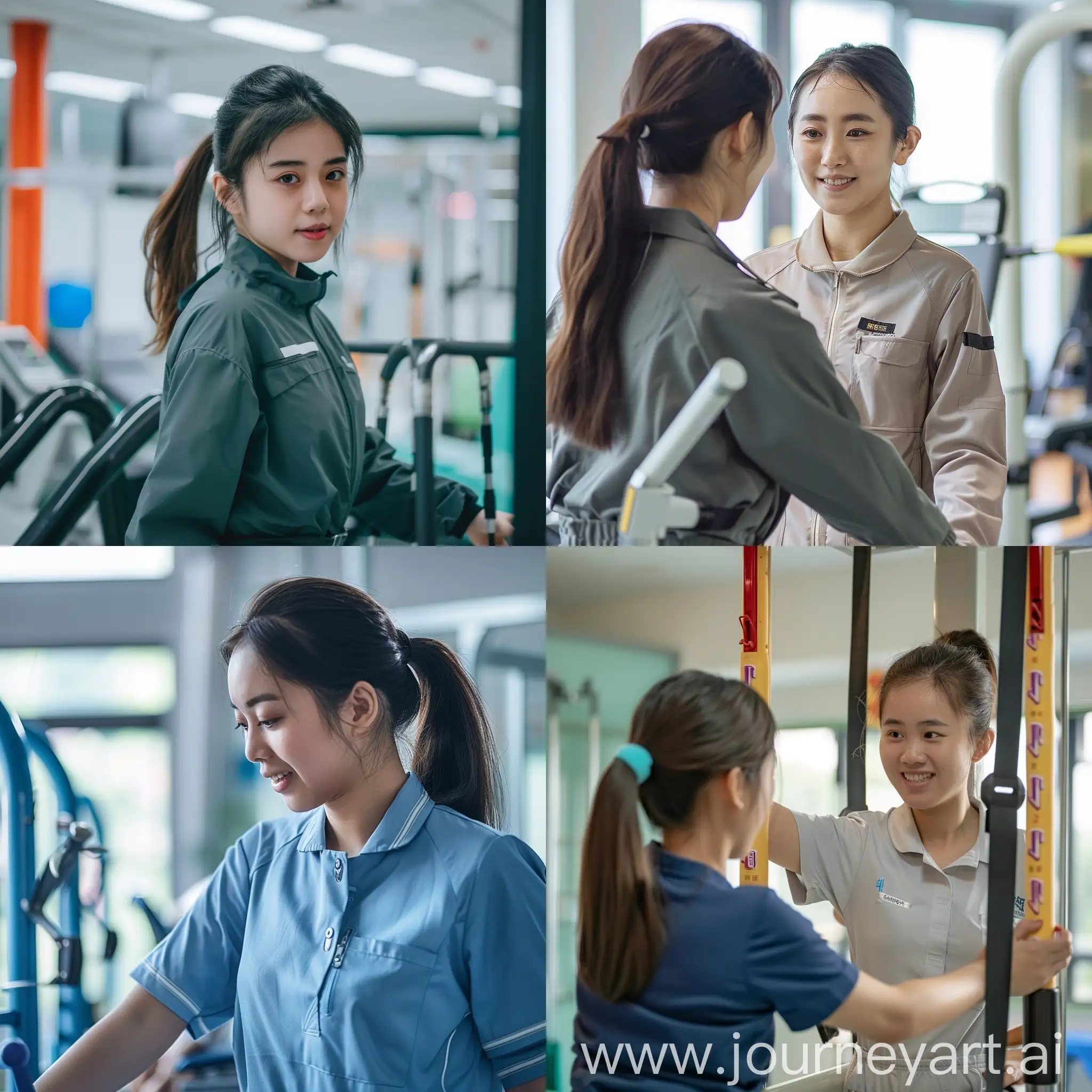 A beautiful young Chinese woman in a ponytail, wearing a professional work uniform, is helping a client with postpartum recovery in a rehabilitation center. The setting includes exercise equipment and therapy tools. She is very enthusiastic about her work, showcas