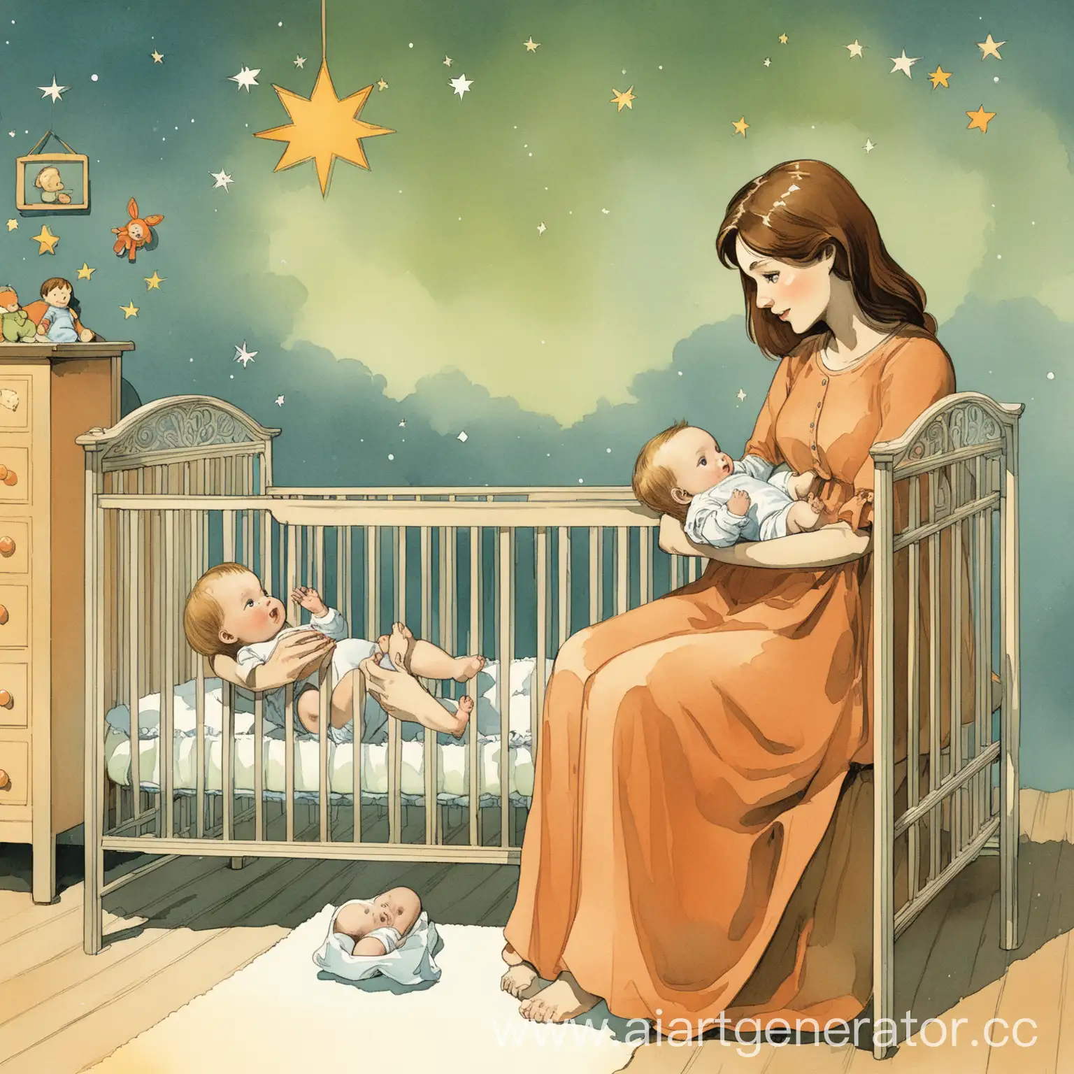 девушка сидит рядом с кроваткой с младенцем, иллюстрация для детской книги
