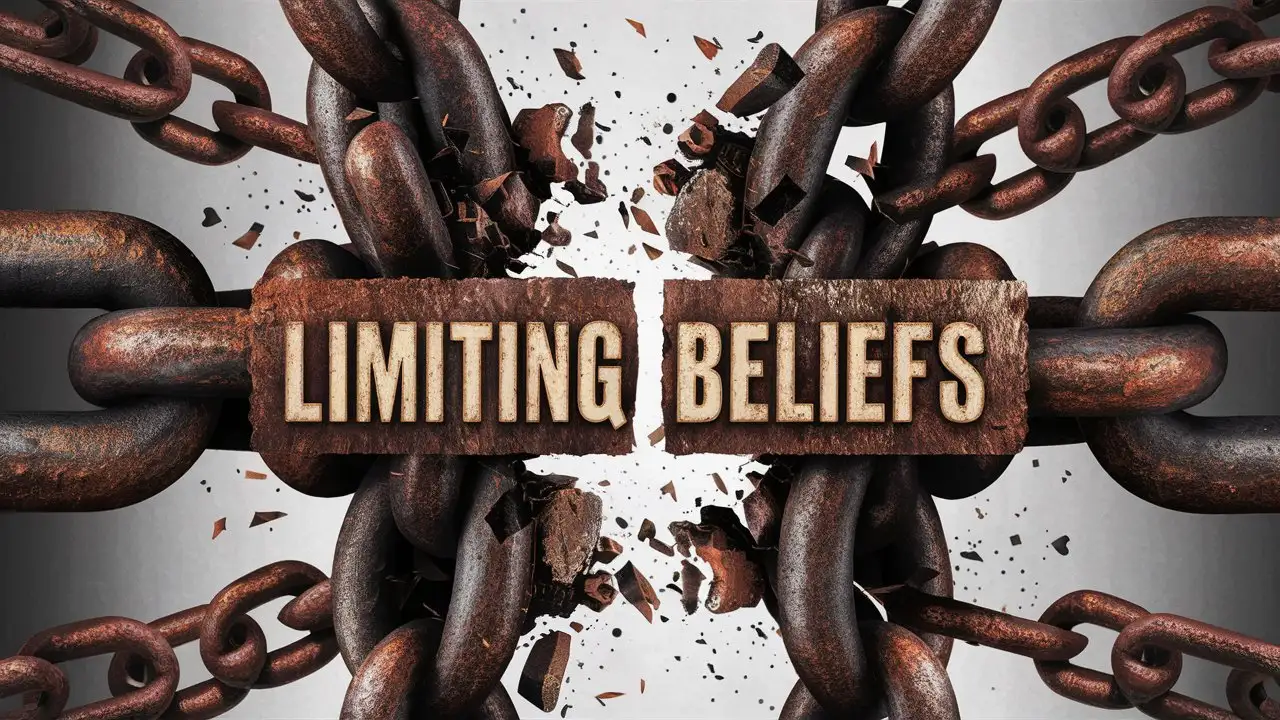 A large broken chain labelled "limiting beliefs", full color, no background