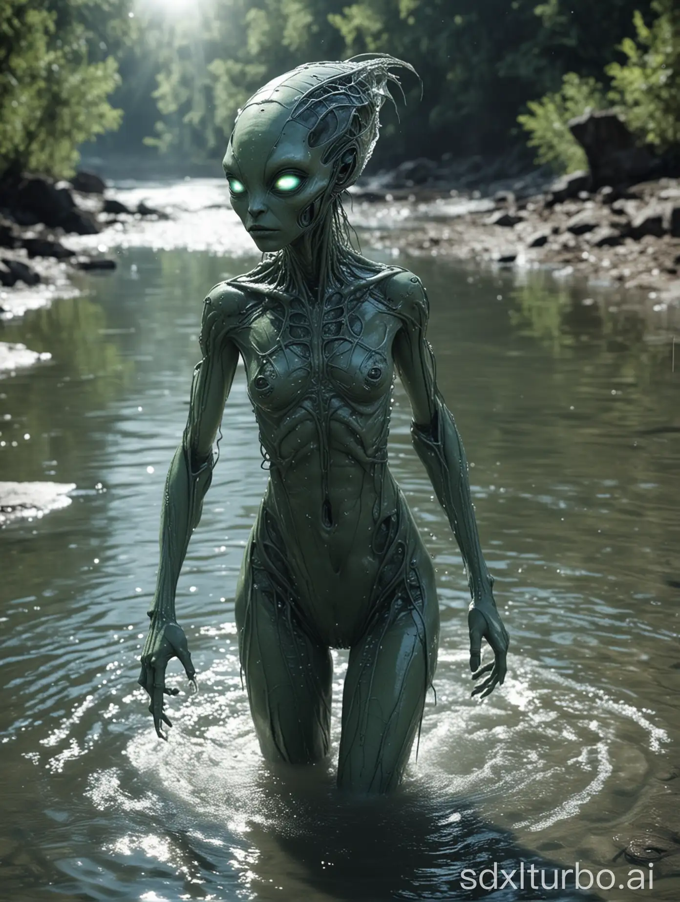 humanoid insect-like alien girl bathing in extraterrestrial river