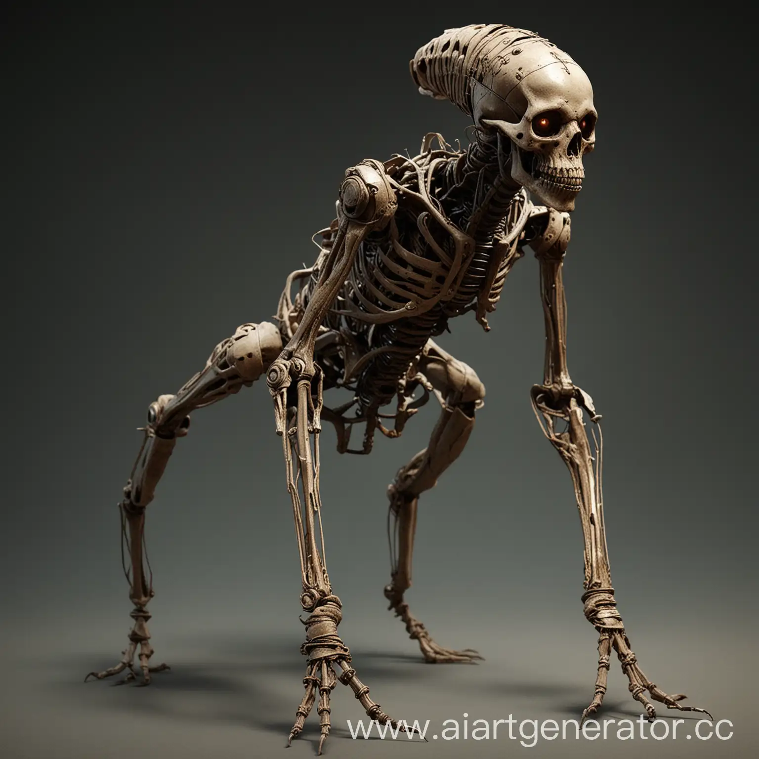 Generate a description for a creature with mechanical elements and a mummified appearance, capable of extending blades from its wrists and moving along the ground in reflections.