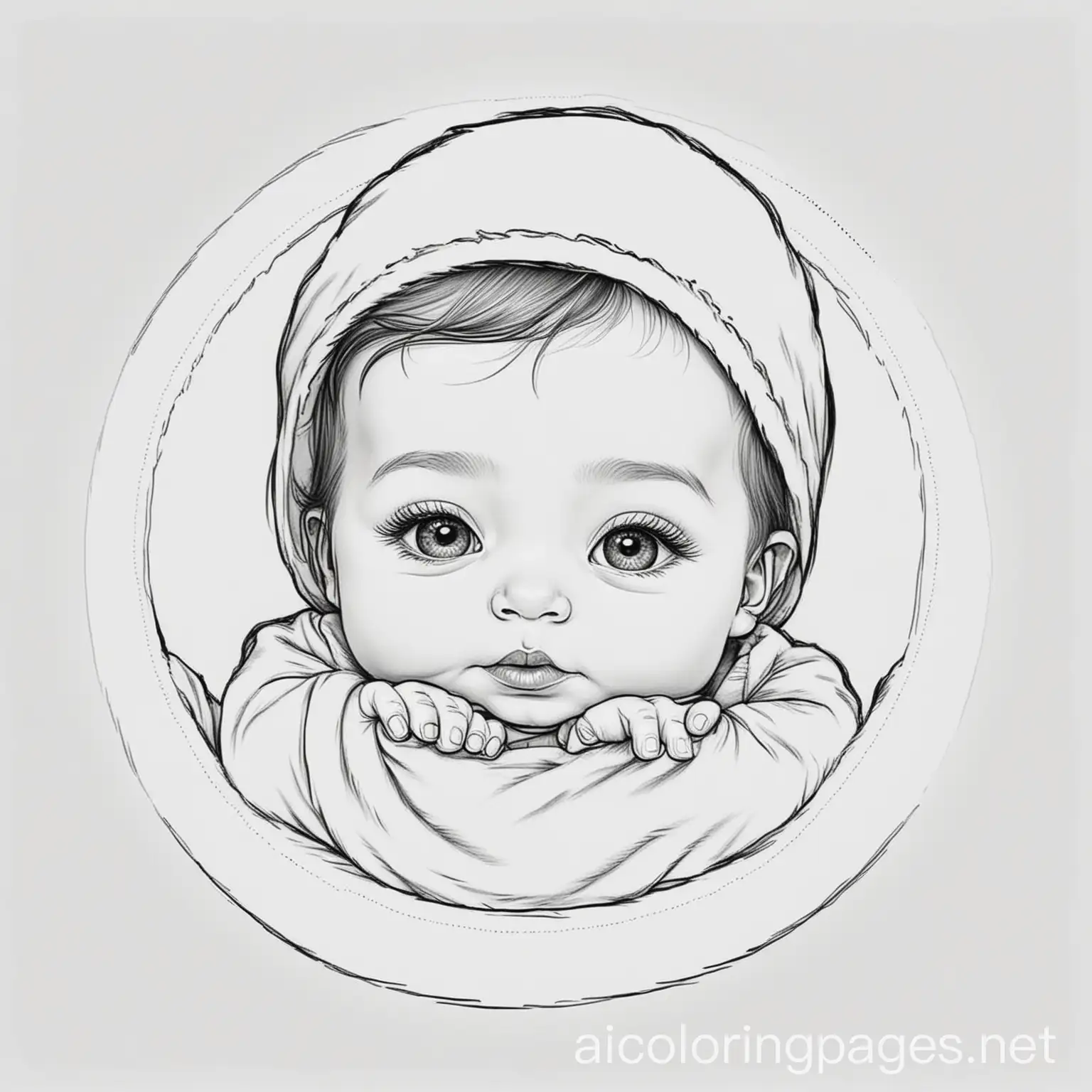 New born baby, Coloring Page, black and white, line art, white background, Simplicity, Ample White Space. The background of the coloring page is plain white to make it easy for young children to color within the lines. The outlines of all the subjects are easy to distinguish, making it simple for kids to color without too much difficulty