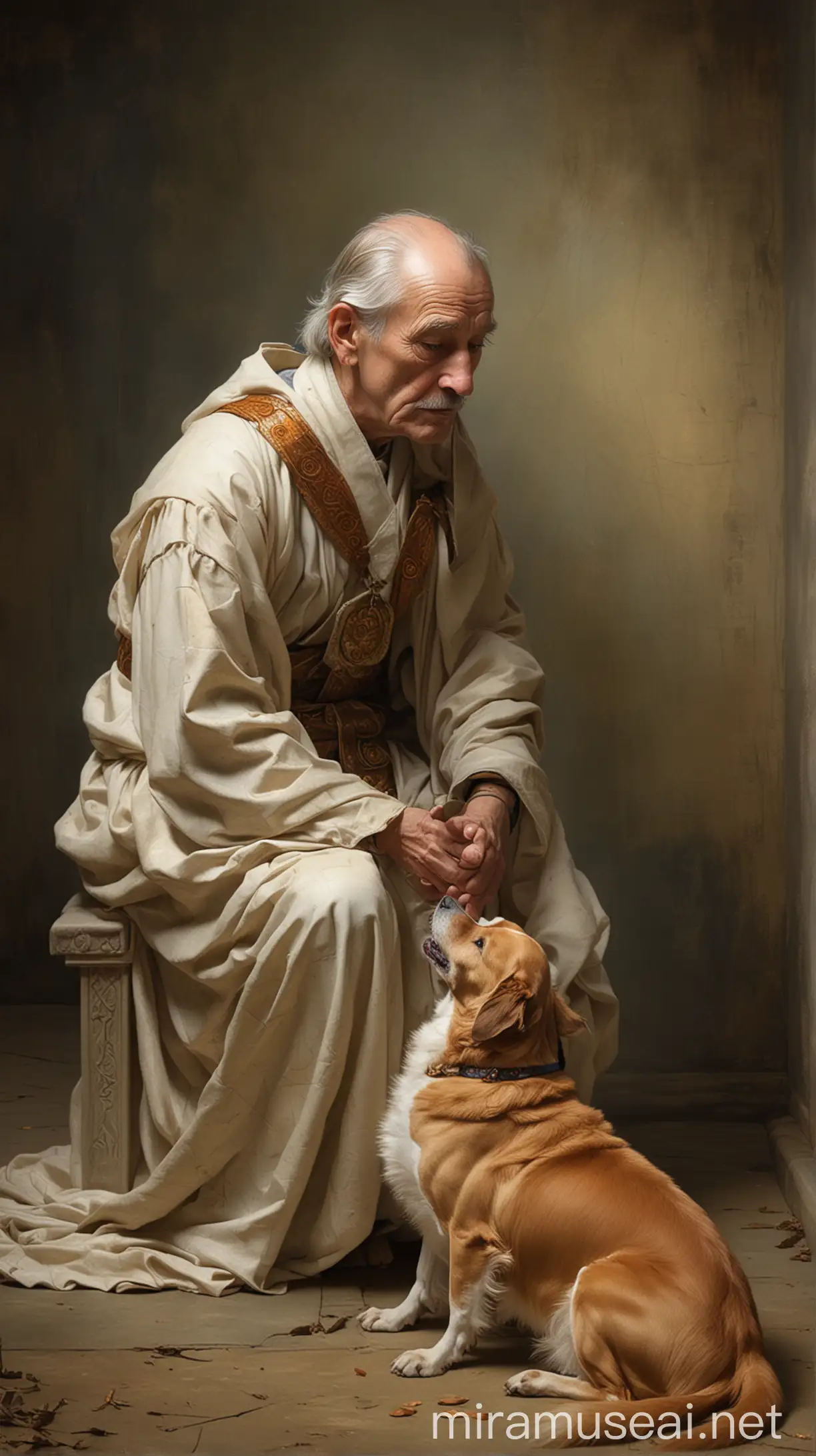 A contemplative artwork portraying the wise individual reflecting on the dog's actions, accompanied by the profound realization that overcoming internal fears is essential for achieving one's desires.





