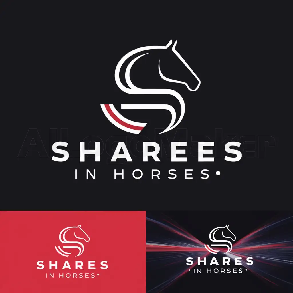a logo design,with the text "Shares In horses", main symbol:Logo Design BriefnOur mid-range brand, Shares in Horses, offers accessible opportunities for individuals to invest in racehorses and enjoy the thrill of ownership without breaking the bank. We aim to strike a balance between affordability and quality, catering to a diverse audience of horse racing enthusiasts. We require a compelling logo and website design that reflect the brand's accessibility and quality offerings.nnKey Elements:n- Incorporate horse-related imagery in a modern and approachable manner in both the logo and website design.n- Use colors inspired by red to create a sense of familiarity and trust across both the logo and website, while maintaining a distinct brand identity.n- Consider incorporating dynamic elements or subtle nods to the excitement of horse racing to appeal to our target audience in the website design.nnColor Palette: Red, white, and black with additional complementary shades to add depth and warmth.nnStyle: Contemporary and inviting, with a focus on legible typography and versatile design elements. The website design should be user-friendly, with clear calls-to-action and intuitive navigation.nnTarget Audience: Horse racing enthusiasts seeking affordable opportunities for ownership and investment.nnLogo TextnShares In horses,Moderate,clear background