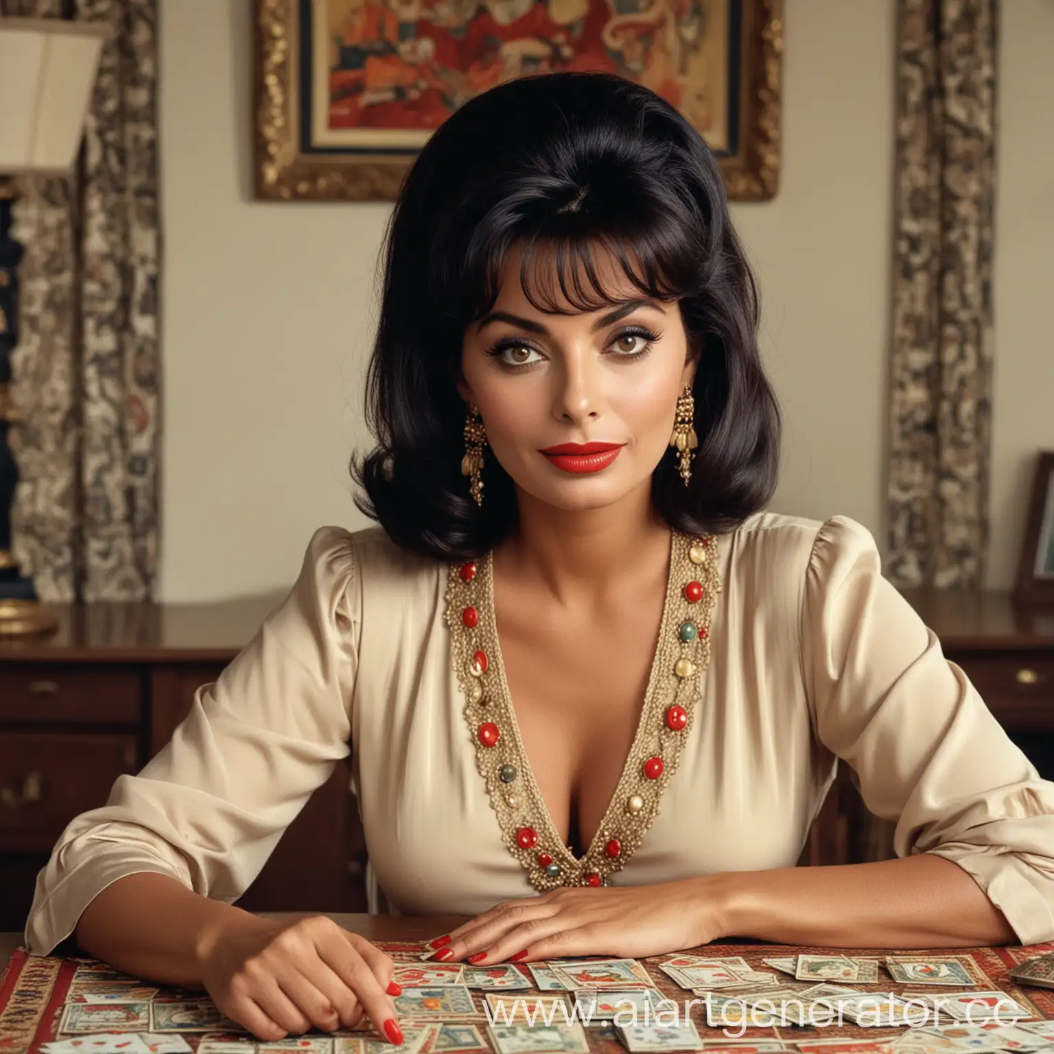 Fortune-Telling-with-Tarot-Cards-by-Sofia-Loren-in-Beige-Blouse