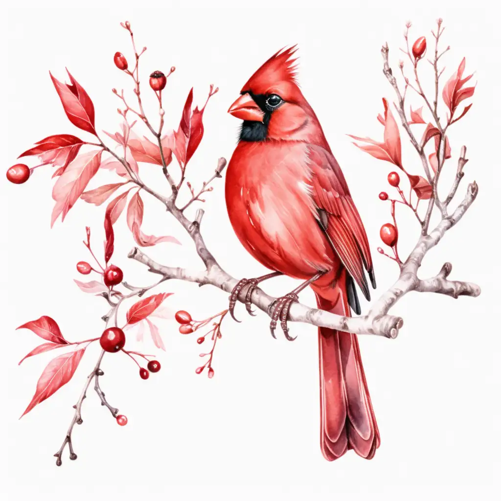 aesthetic watercolor cardinal sitting on a branch, white background, clipart