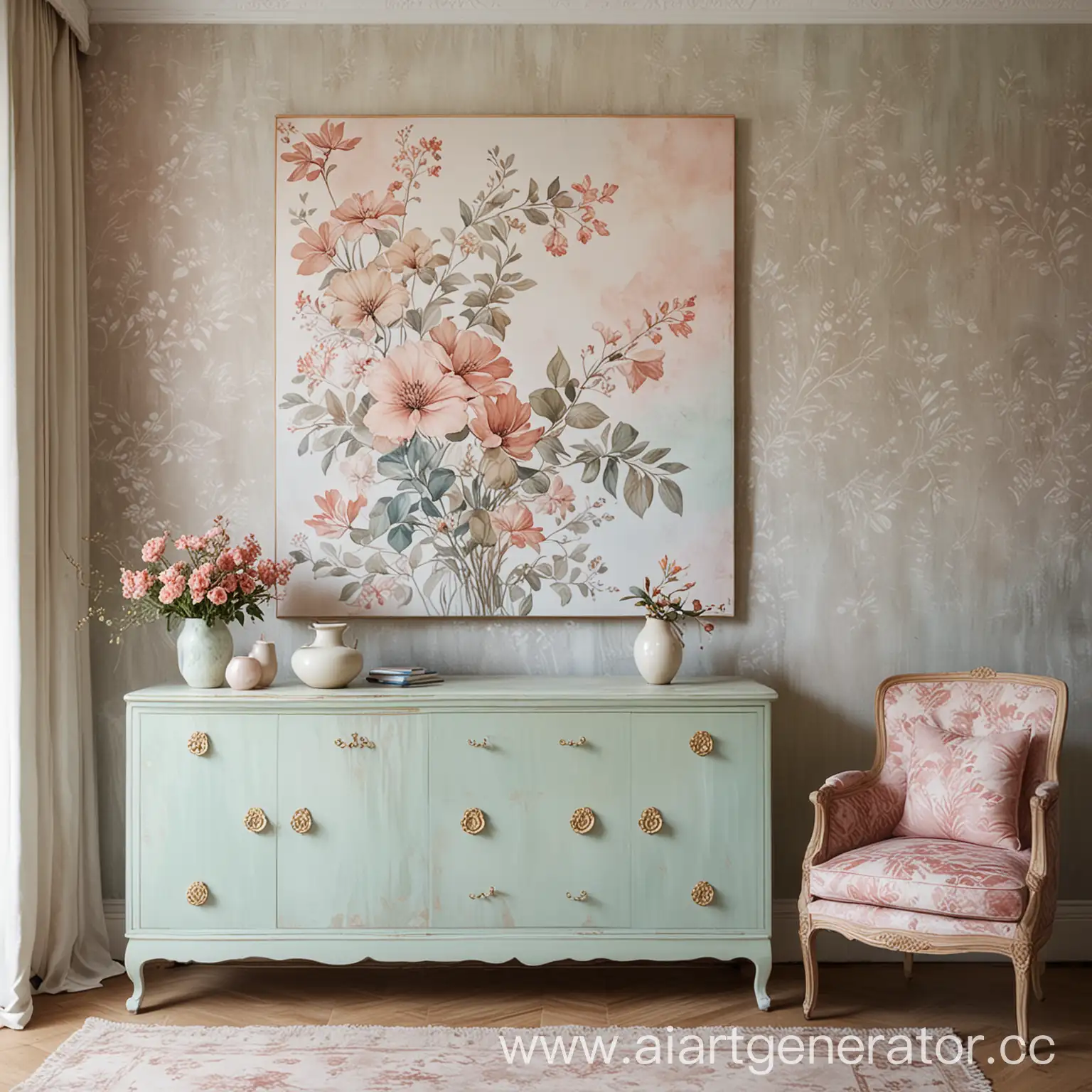 Pastel-Toned-Interior-Design-with-Batik-Floral-Painting-and-Furniture