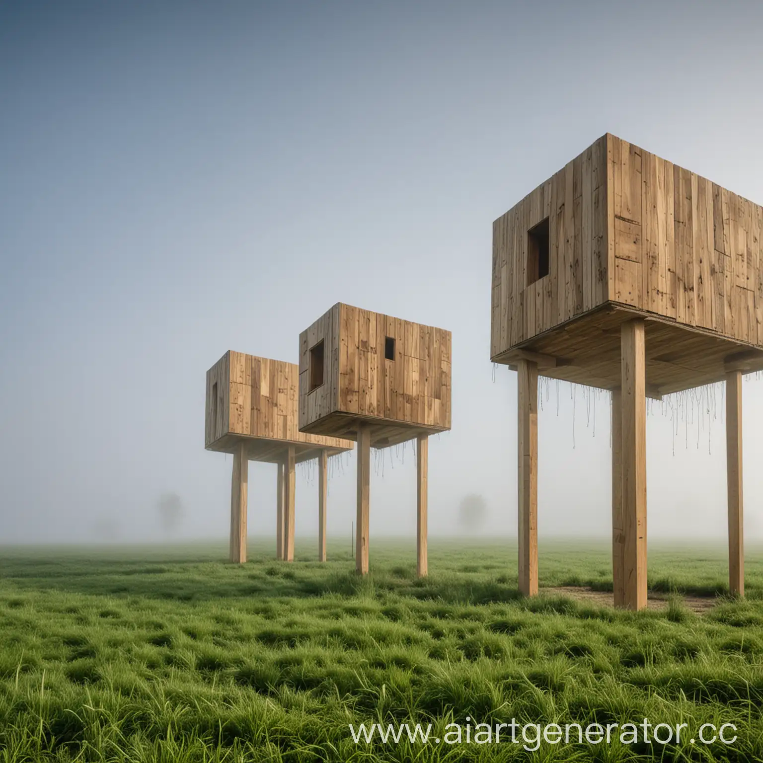 Three-Cubic-Wooden-Structures-Standing-in-Foggy-Green-Field