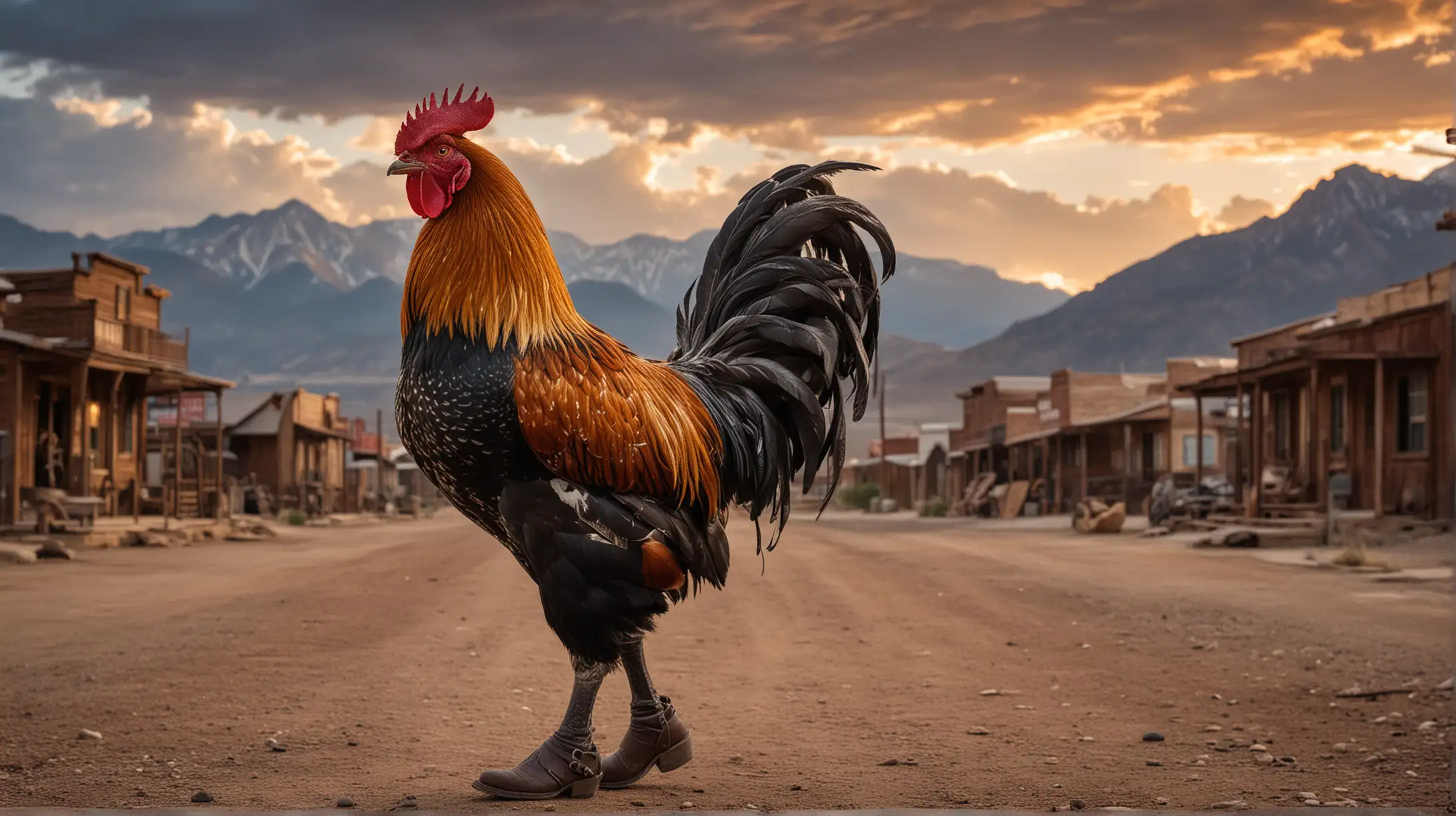 Rooster Cowboy in Old West Town with Dramatic Sky