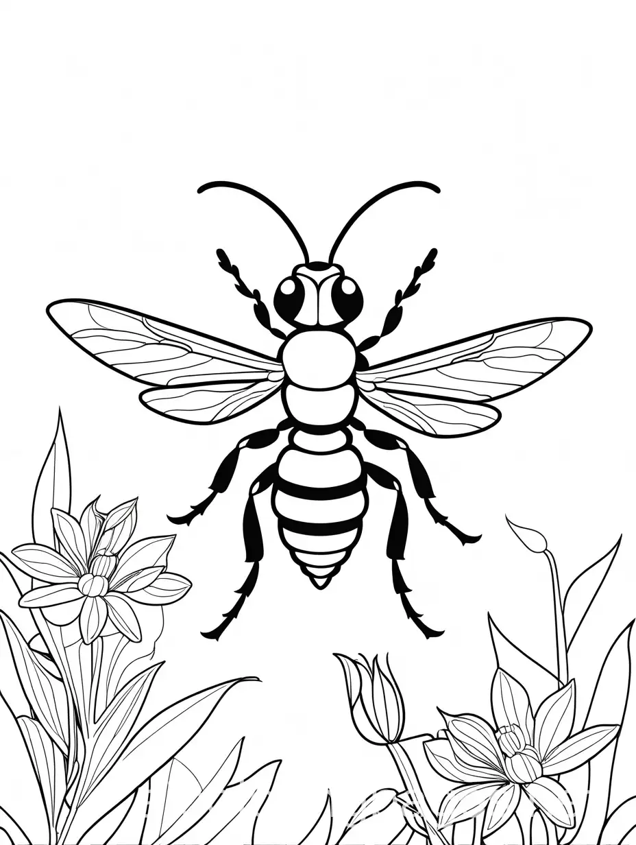 A hornet with a pointed abdomen, buzzing around a flower., Coloring Page, black and white, line art, white background, Simplicity, Ample White Space. The background of the coloring page is plain white to make it easy for young children to color within the lines. The outlines of all the subjects are easy to distinguish, making it simple for kids to color without too much difficulty