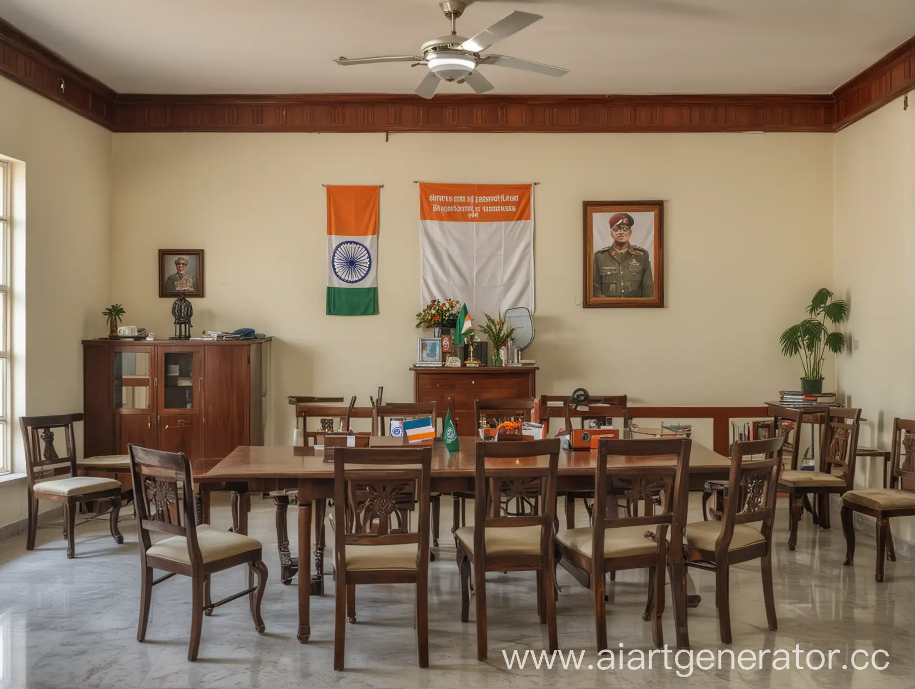 Современный кабинет военнослужащего министерства обороны индии, на фото должно находиться стол, стулья, флаг индии, карта индии. Картинка должна быть цветная