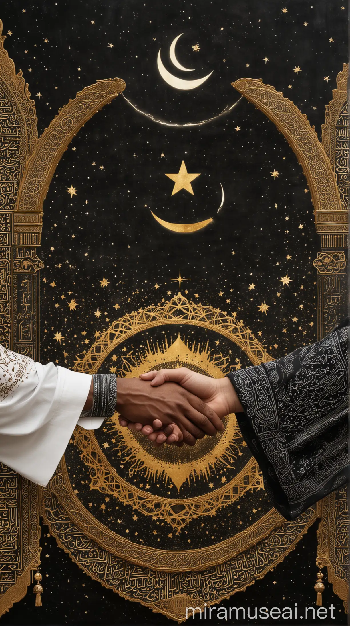 A symbolic image representing the Treaty of Hudaybiyyah, with the Kaaba in the background and two shaking hands in the foreground, one with a sleeve decorated in Islamic crescent moon and star, and the other with a patterned sleeve representing the Quraysh.