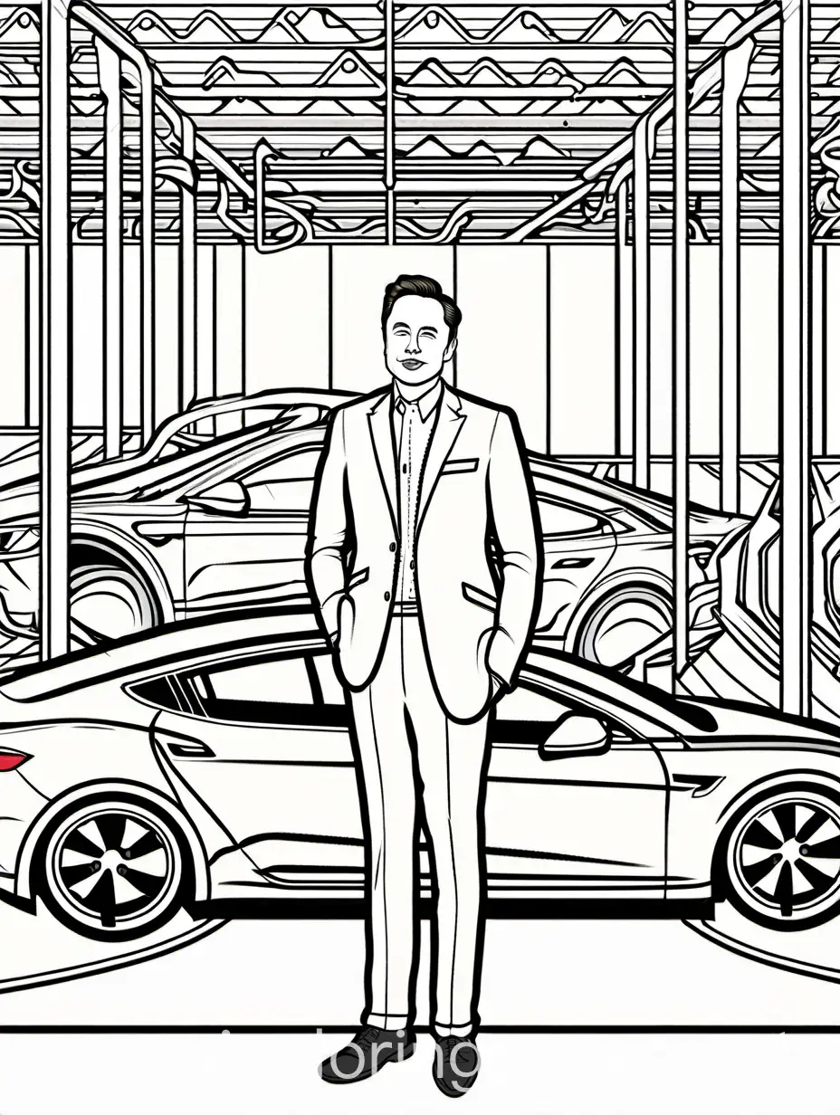 Elon Musk at a Tesla factory, Coloring Page, black and white, line art, white background, Simplicity, Ample White Space. The background of the coloring page is plain white to make it easy for young children to color within the lines. The outlines of all the subjects are easy to distinguish, making it simple for kids to color without too much difficulty