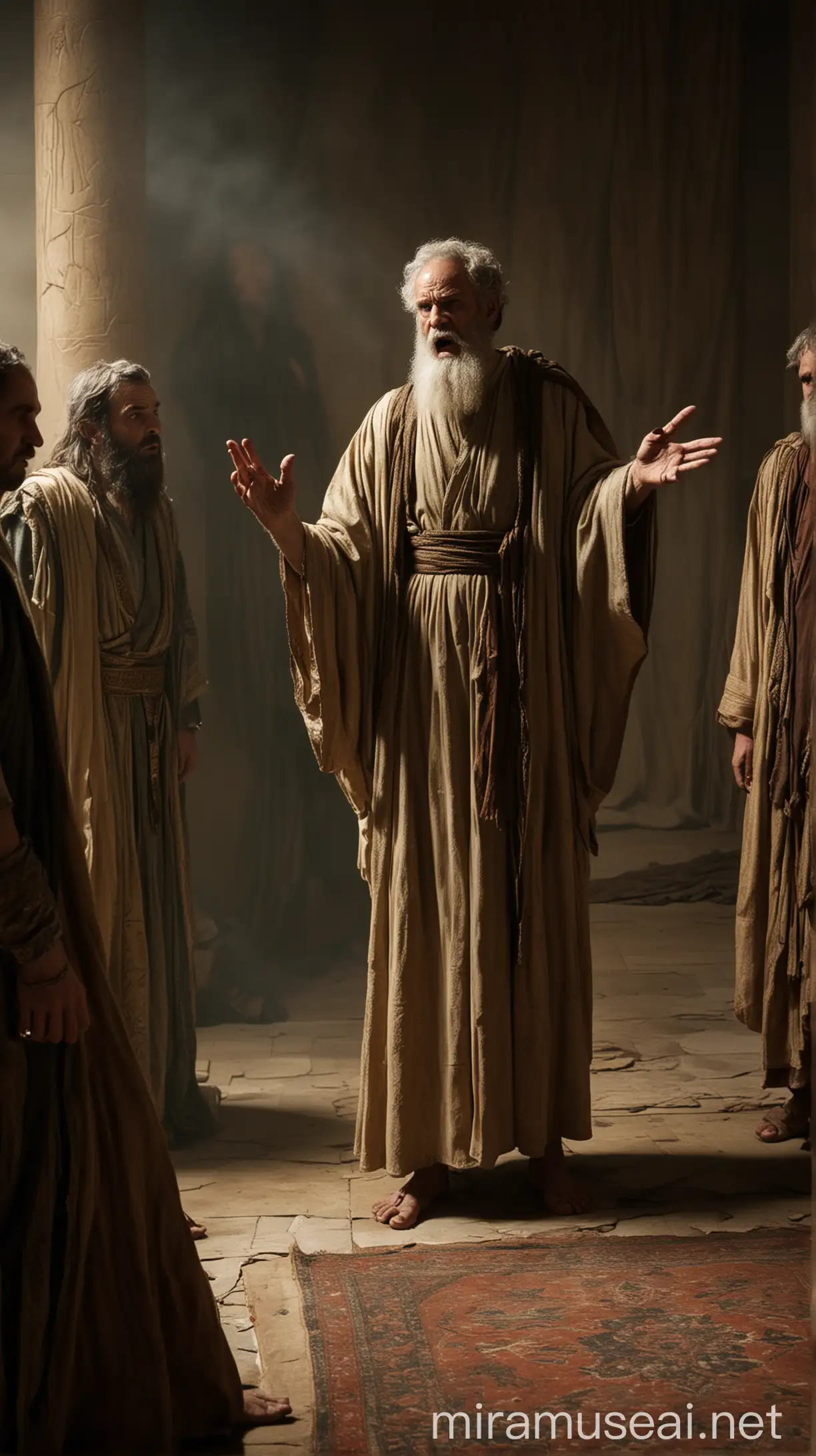 Prophet Jeremiah Confronts Angry Officials in Dimly Lit Room