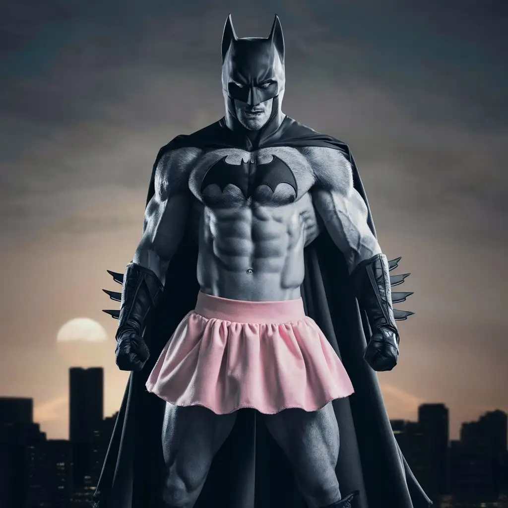 masculine jacked big wolf batman guy wearing a pink cute skirt like a little girls dress