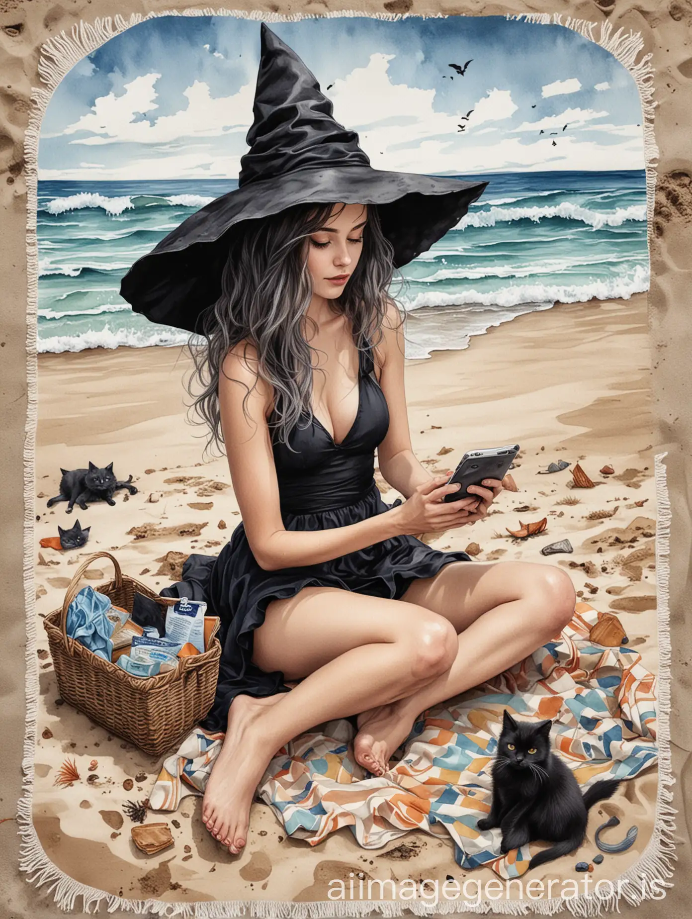 whimsical witch wearing a black bathing suit and witch hat, sitting on a funky black and white beach towel at the beach, hair blowing in the wind, looking at her iPhone, her old worn broom laying in the sand beside her, blue waves, a plate with a sandwich, a picnic basket, black cat curled up sleeping, watercolor and ink, textured painterly fantasy, alcohol ink.