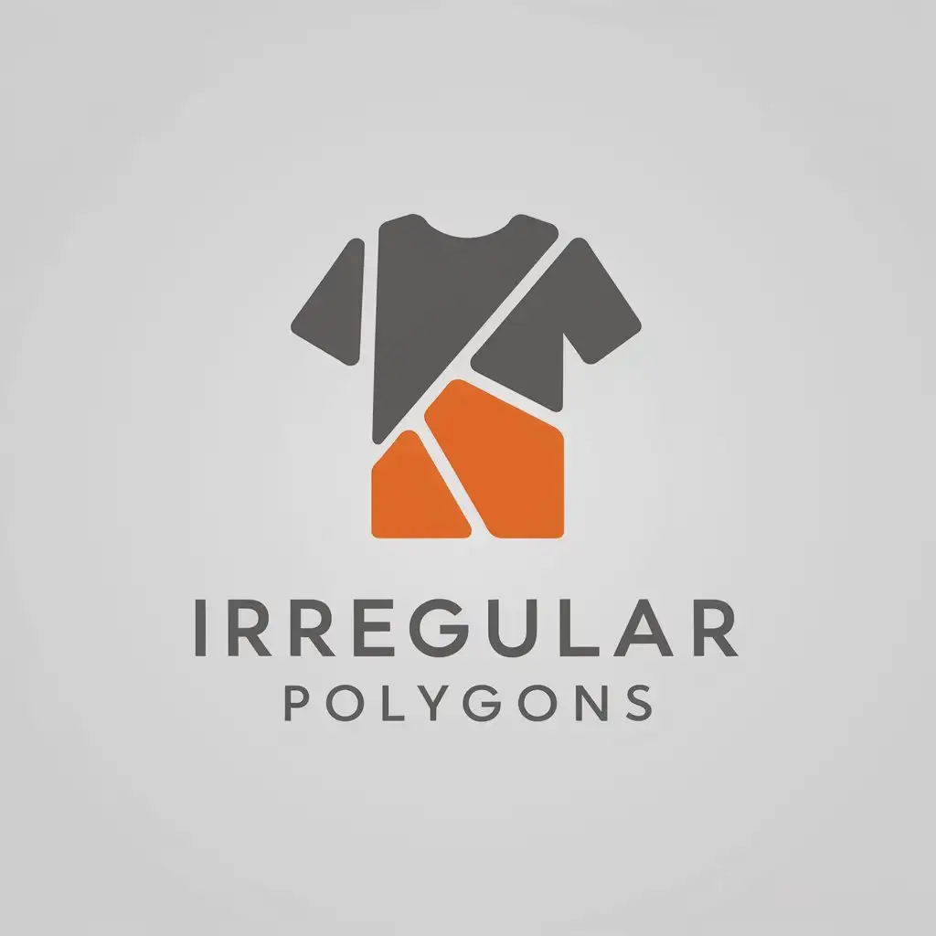 a logo design, with the text 'Irregular Polygons', main symbol: a combination of disconnected irregular shapes forming the abstract shape of a t-shirt, Minimalistic, clear background, 90s/00s digital aesthetic. colors: orange and dark grey