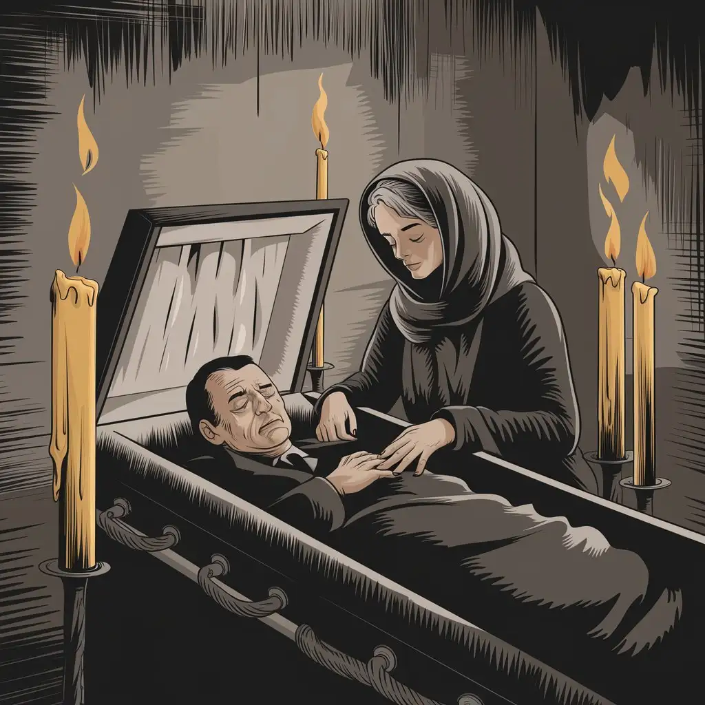 Vector illustration: in a simple, minimalist room there is an open coffin. Inside lies an older man, the woman's husband, her eyes closed, a woman sitting next to the coffin
The woman is older, has a headscarf on her head, and holds his late husband's hand. On either side of the coffin are four long, lit candles - two against the head and two at the feet. The room is rugged and subdued, with distinct contours of characters and objects.