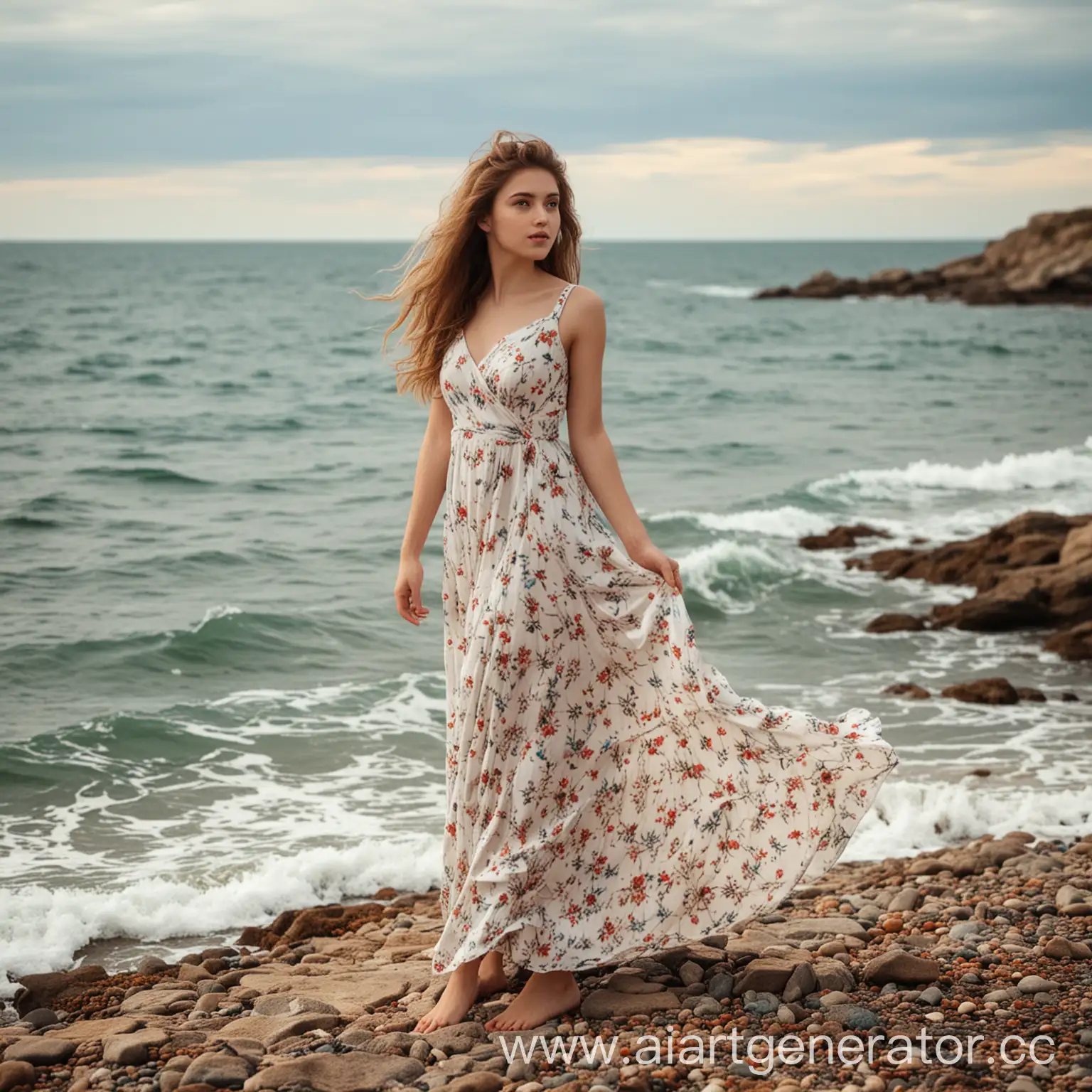Красивая девушка в платье на фоне моря