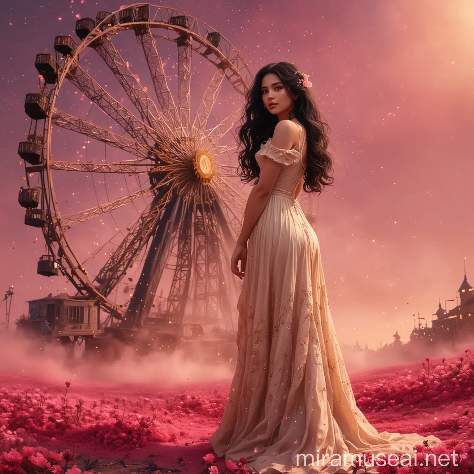 A beautiful woman, standing up on the ground, surrounded by realistic dark pink dust. Long black wavy hair with a flower. Long elegant beige dress. Background golden ferris wheel decorated with flowers. Background golden sparkle. Focus the golden ferris wheel. Fantasy, illustration, digital art, illustration art, fantasy art, digital painting.