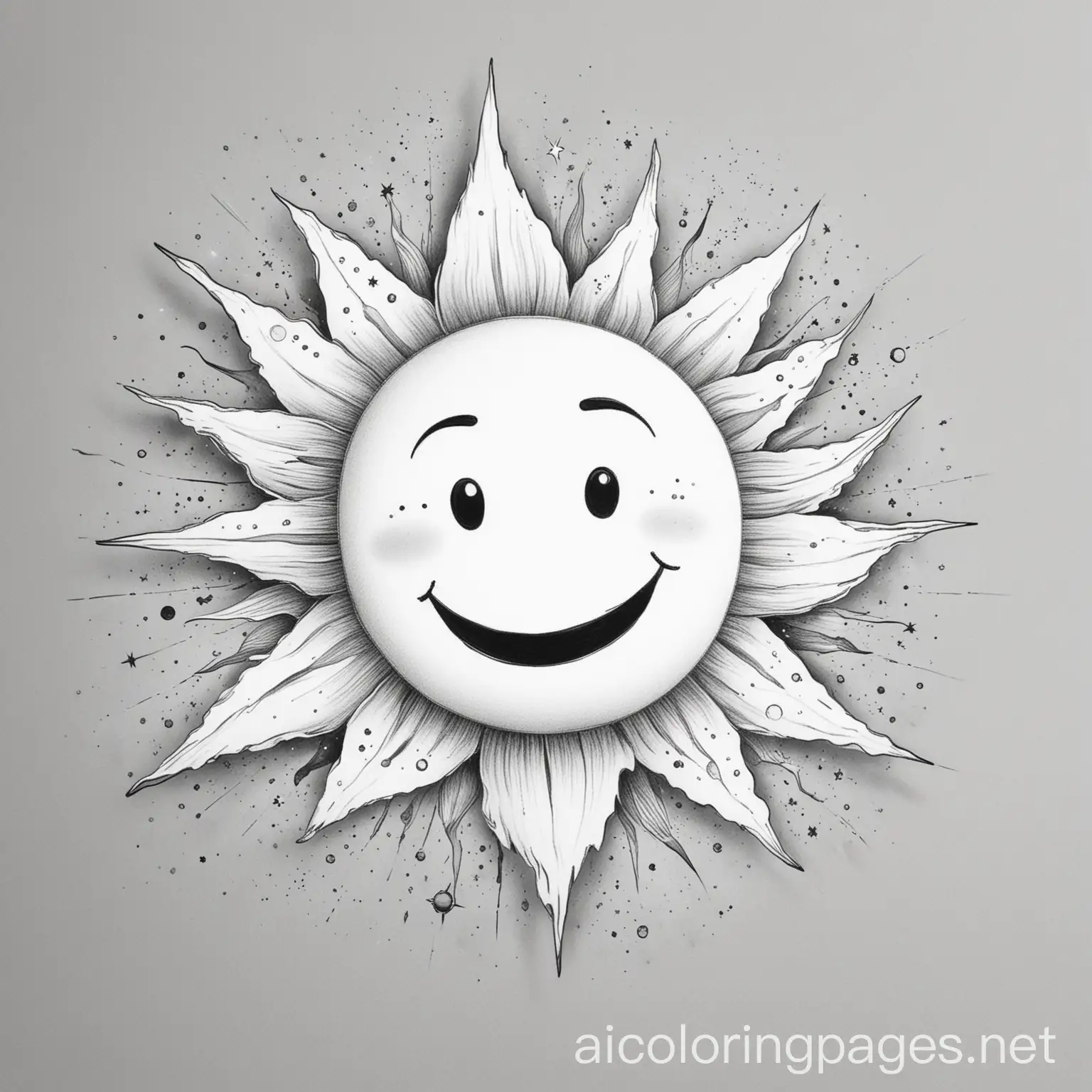 smiling sun in space, Coloring Page, black and white, line art, white background, Simplicity, Ample White Space