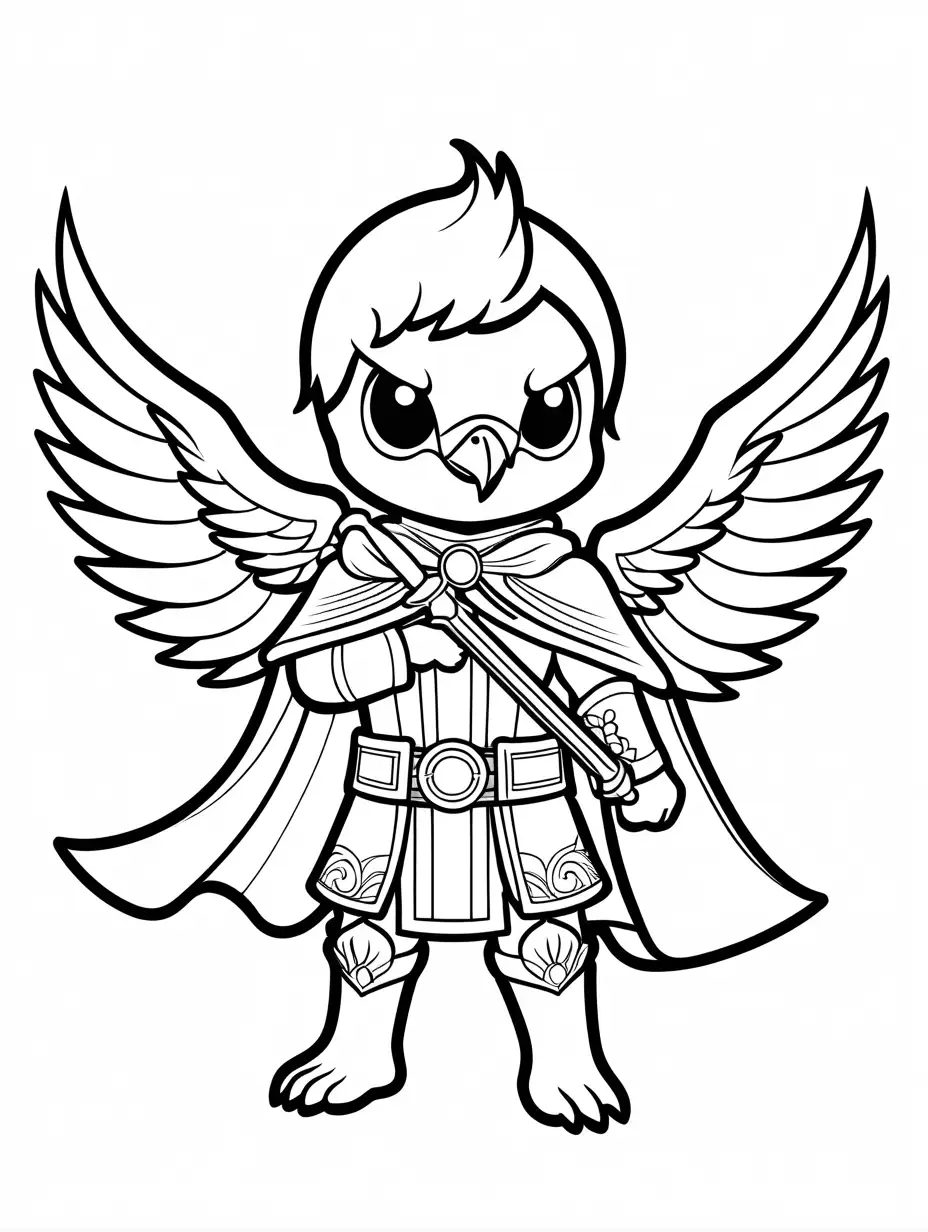 a chibi phoenix bird wearing a cape and a item belt with a crystal sword , Coloring Page, black and white, line art, white background, Simplicity, Ample White Space. The background of the coloring page is plain white to make it easy for young children to color within the lines. The outlines of all the subjects are easy to distinguish, making it simple for kids to color without too much difficulty, Coloring Page, black and white, line art, white background, Simplicity, Ample White Space. The background of the coloring page is plain white to make it easy for young children to color within the lines. The outlines of all the subjects are easy to distinguish, making it simple for kids to color without too much difficulty