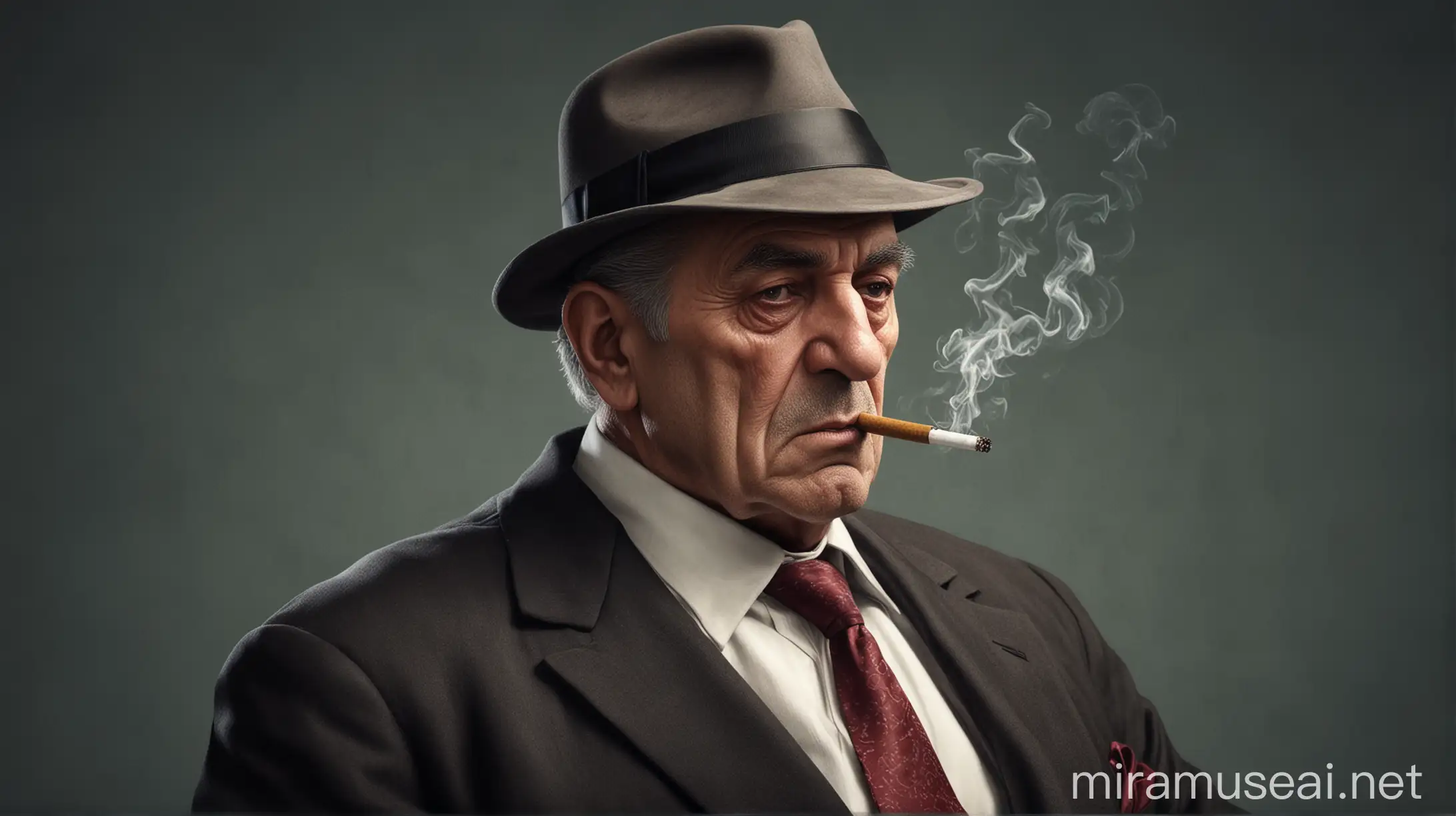 Realistic old Mafia boss 
smoking