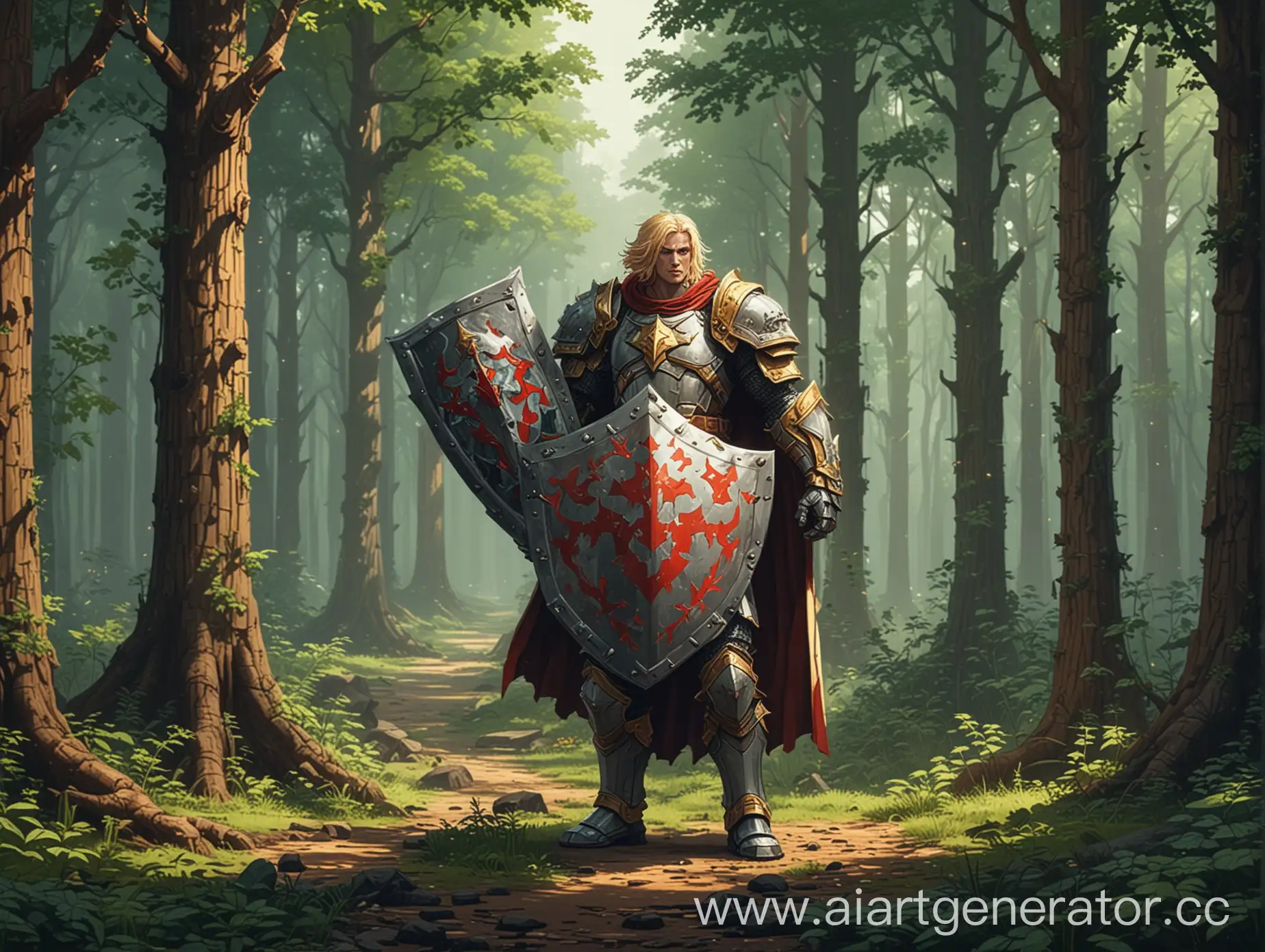 паладин, в лесу, пиксельный арт ,в руках держит массивный щит