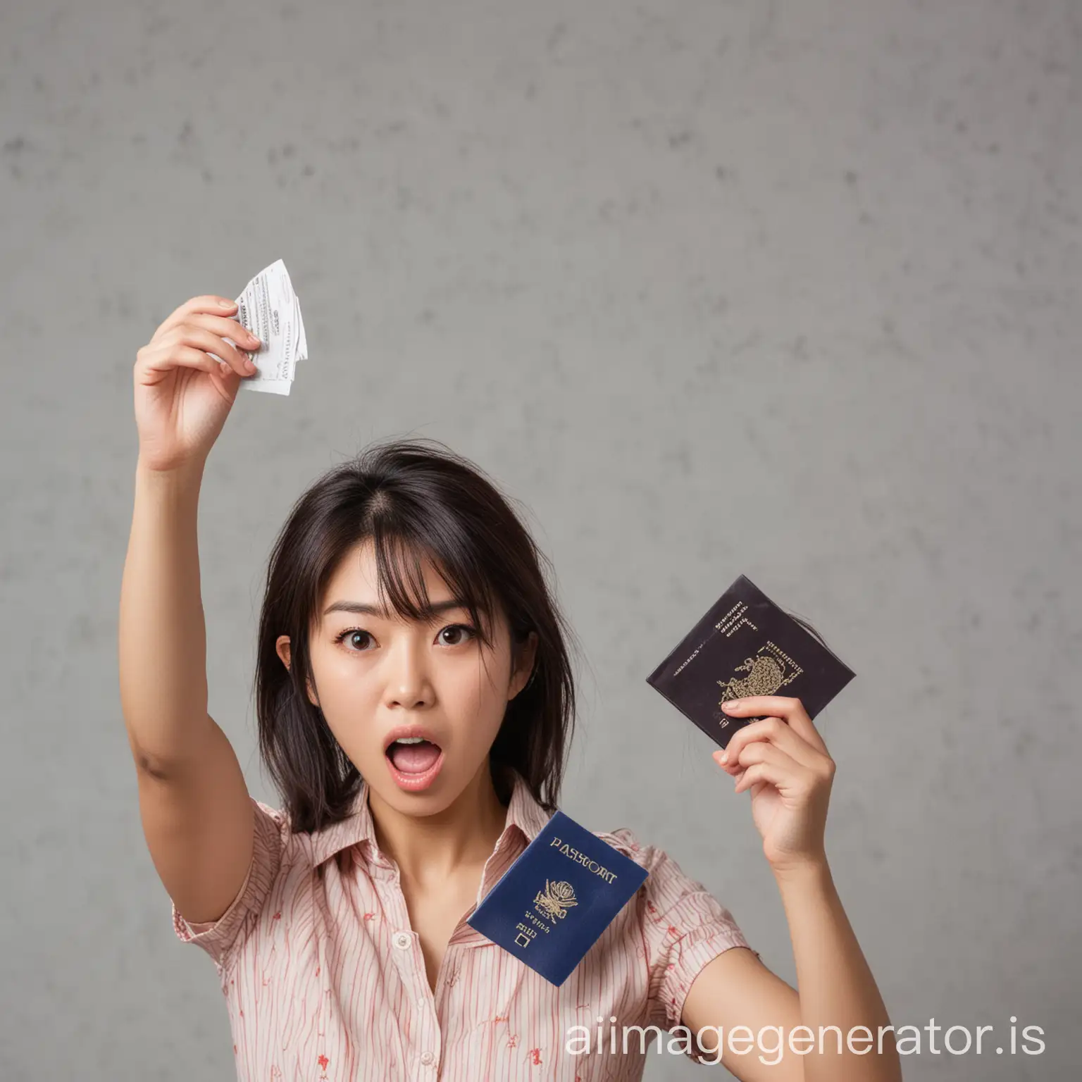 Young sexy, pretty Japanese woman throwing a passport, looking angry