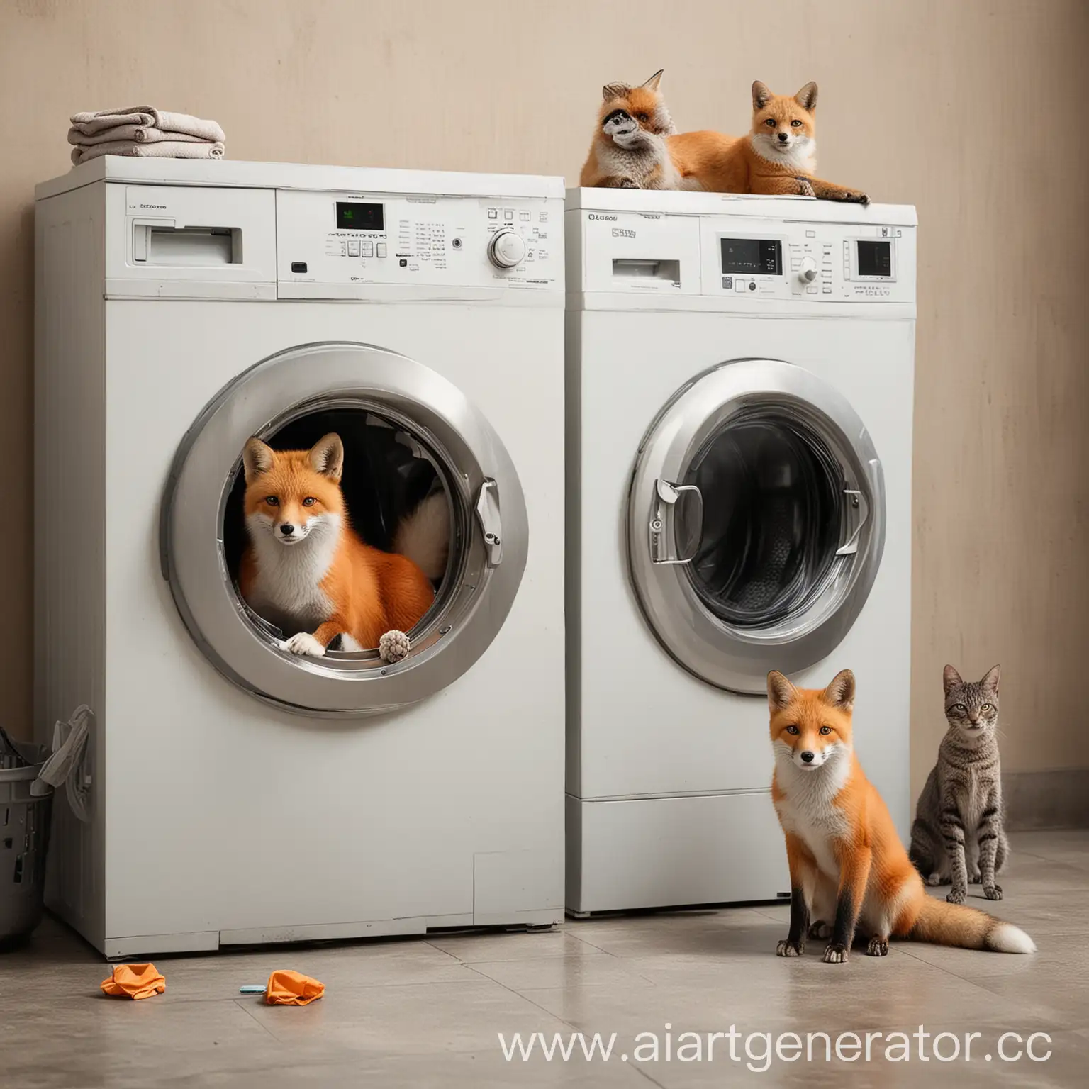 животное лиса и коты рядом со стиральной машиной