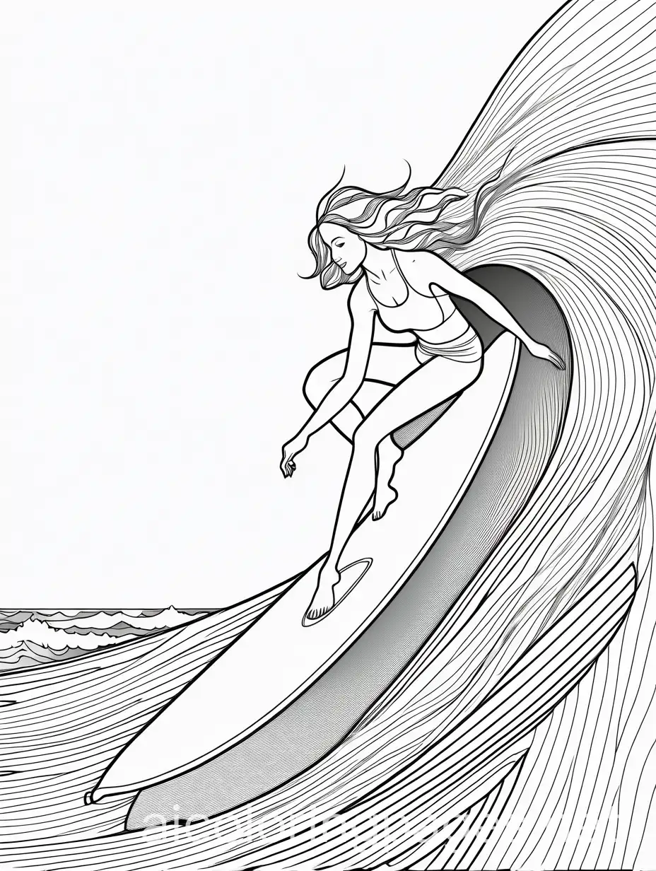 a woman surfer , Coloring Page, black and white, line art, white background, Simplicity, Ample White Space