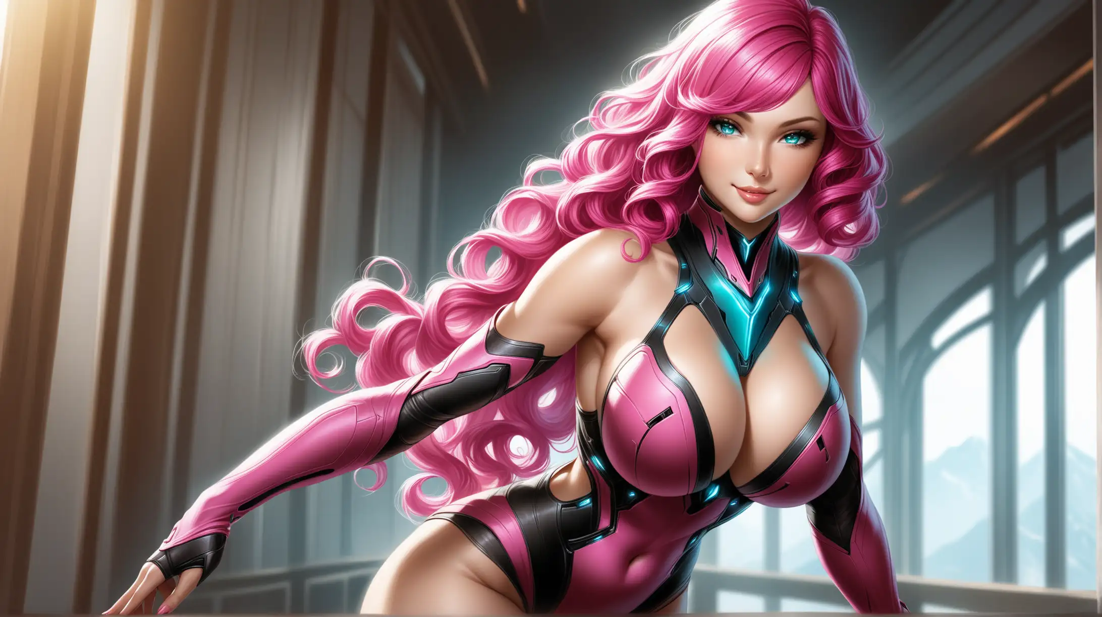 Draw a woman, curly voluminous hot pink hair, cyan eyes, busty figure, high quality, realistic, long shot, natural lighting, indoors, outfit inspired from Warframe, seductive pose, smiling toward the viewer