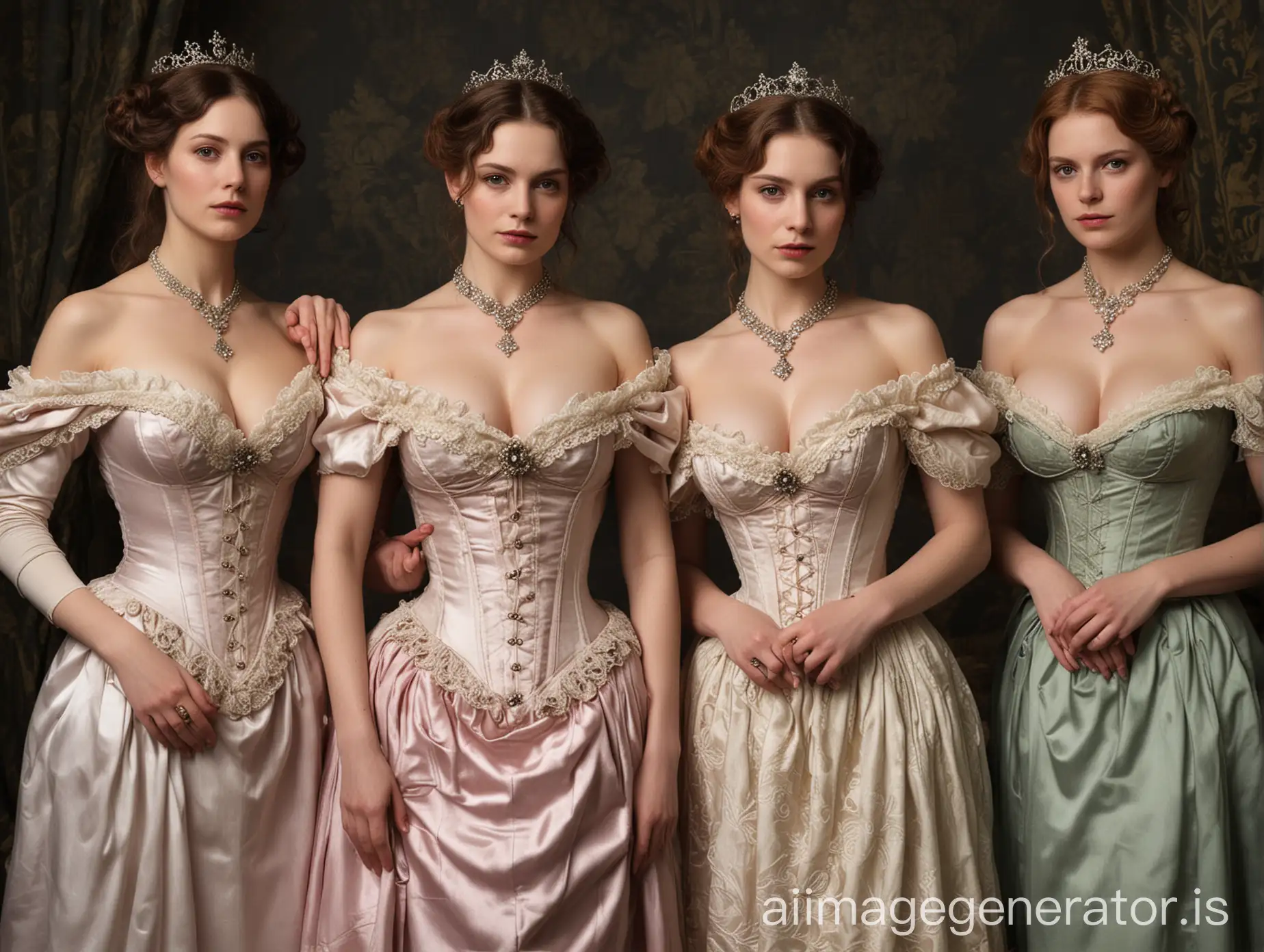 Seductive Victorian Era Queens in Shoulderless Gowns with Exposed Cleavage  | AI Image Generator