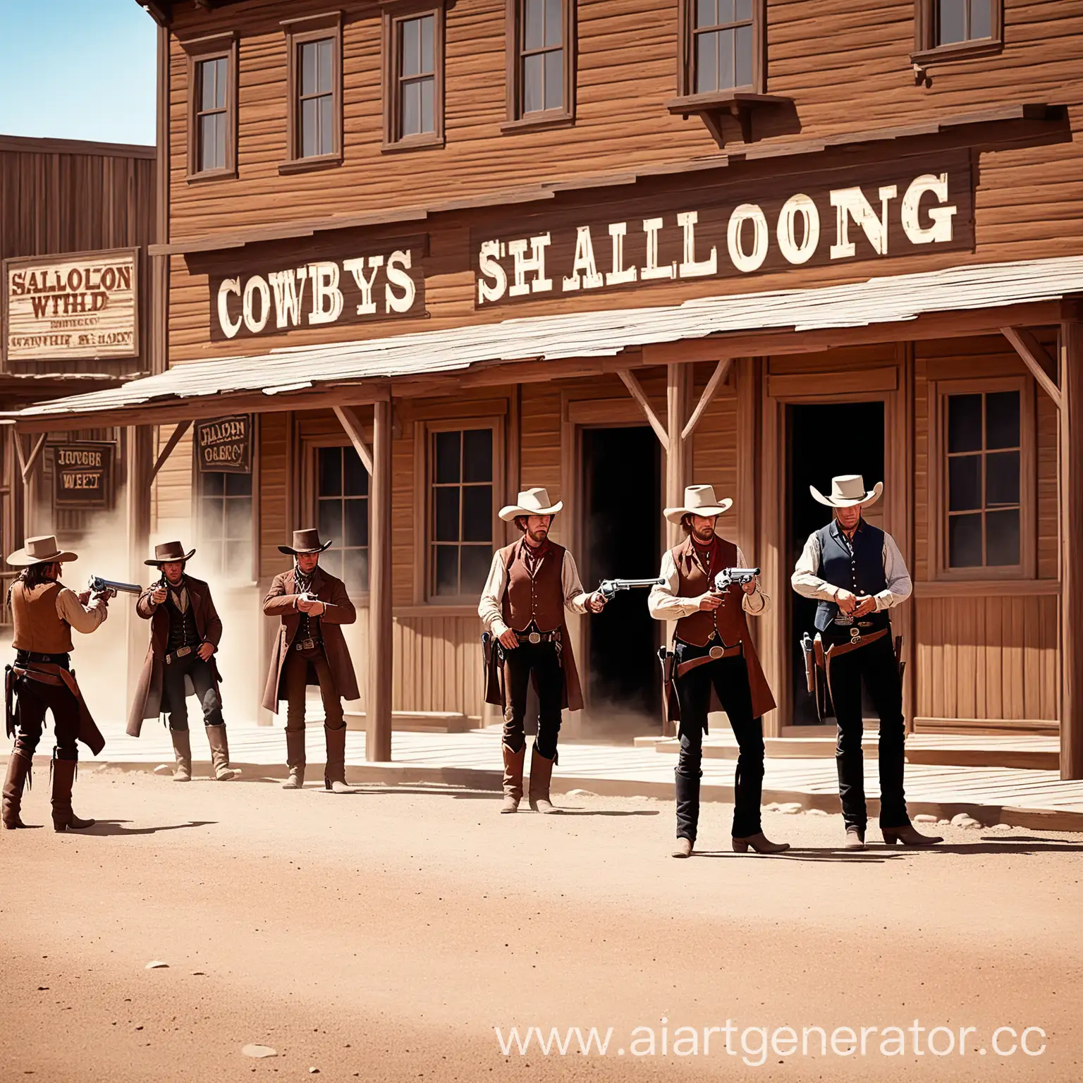 Cowboys shooting with revolvers on the street near a saloon in the Wild West