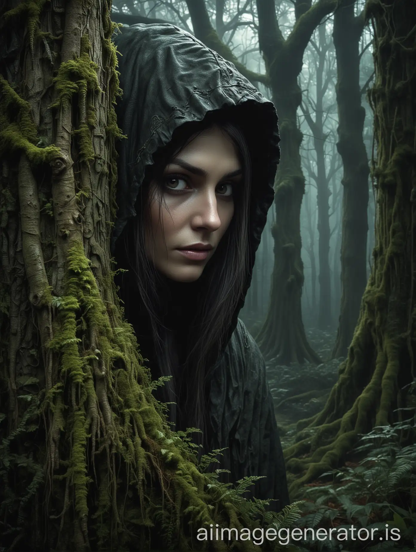 wide-view, anne stokes art style, woman in  medieval hood, hiding behind mossy tree,  huge fantastical creepy leszy troll figure creeping  behind, background of dark forest trees in the midnight
